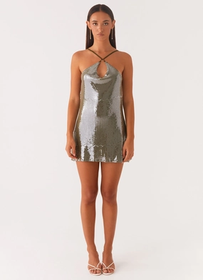 Matte Texture Radiant Energy Cowl Back Mini Dress - Olive