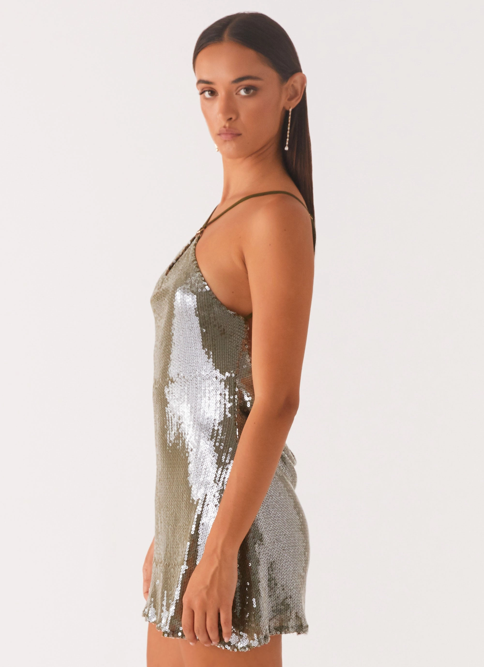 Radiant Energy Cowl Back Mini Dress - Olive Twist Front