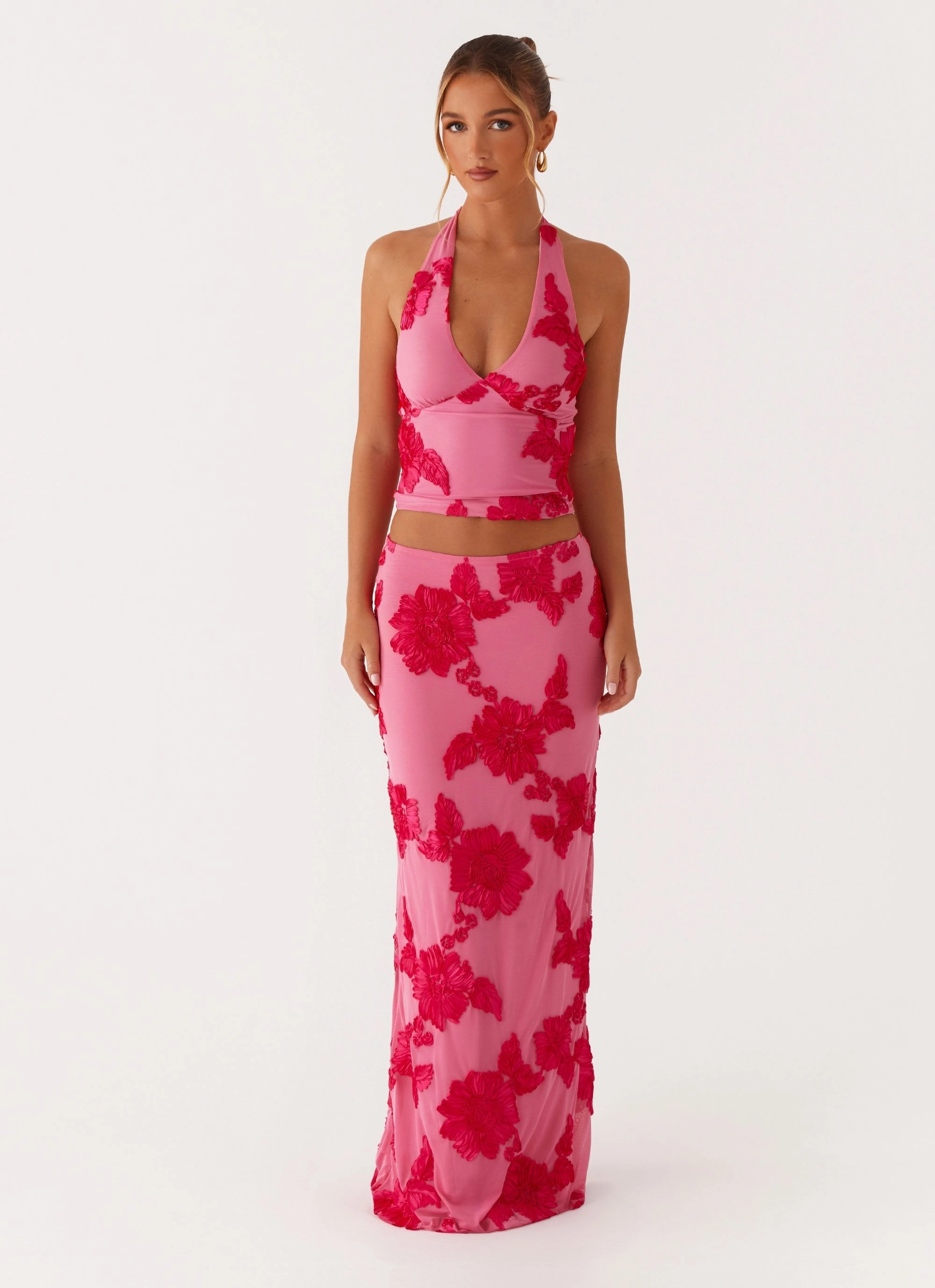 Mix Texture Crisp Fit Radiate Maxi Skirt - Pink