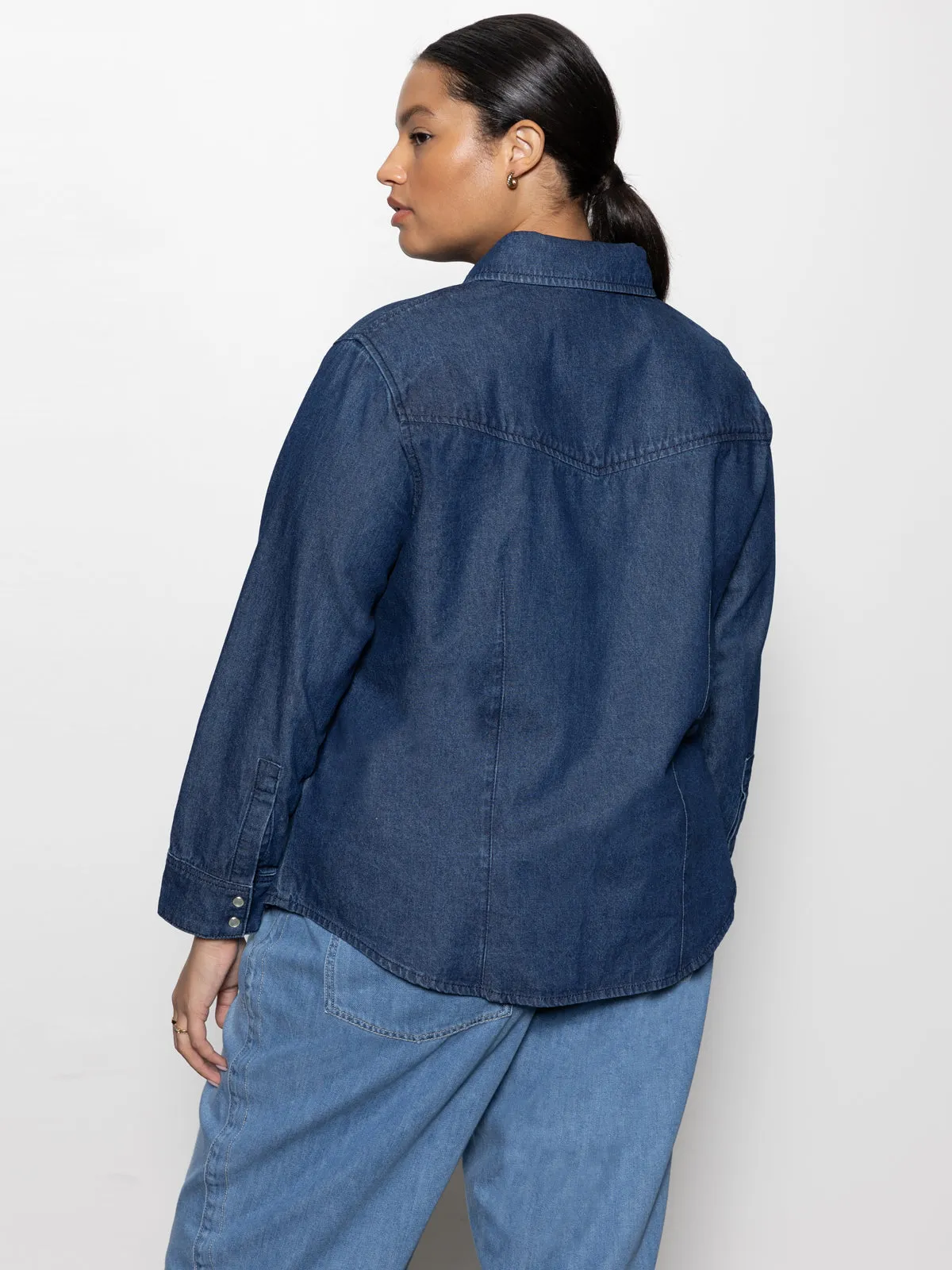 The Denim Western Shirt Blue Slate Extended Sizing Layered Hemline