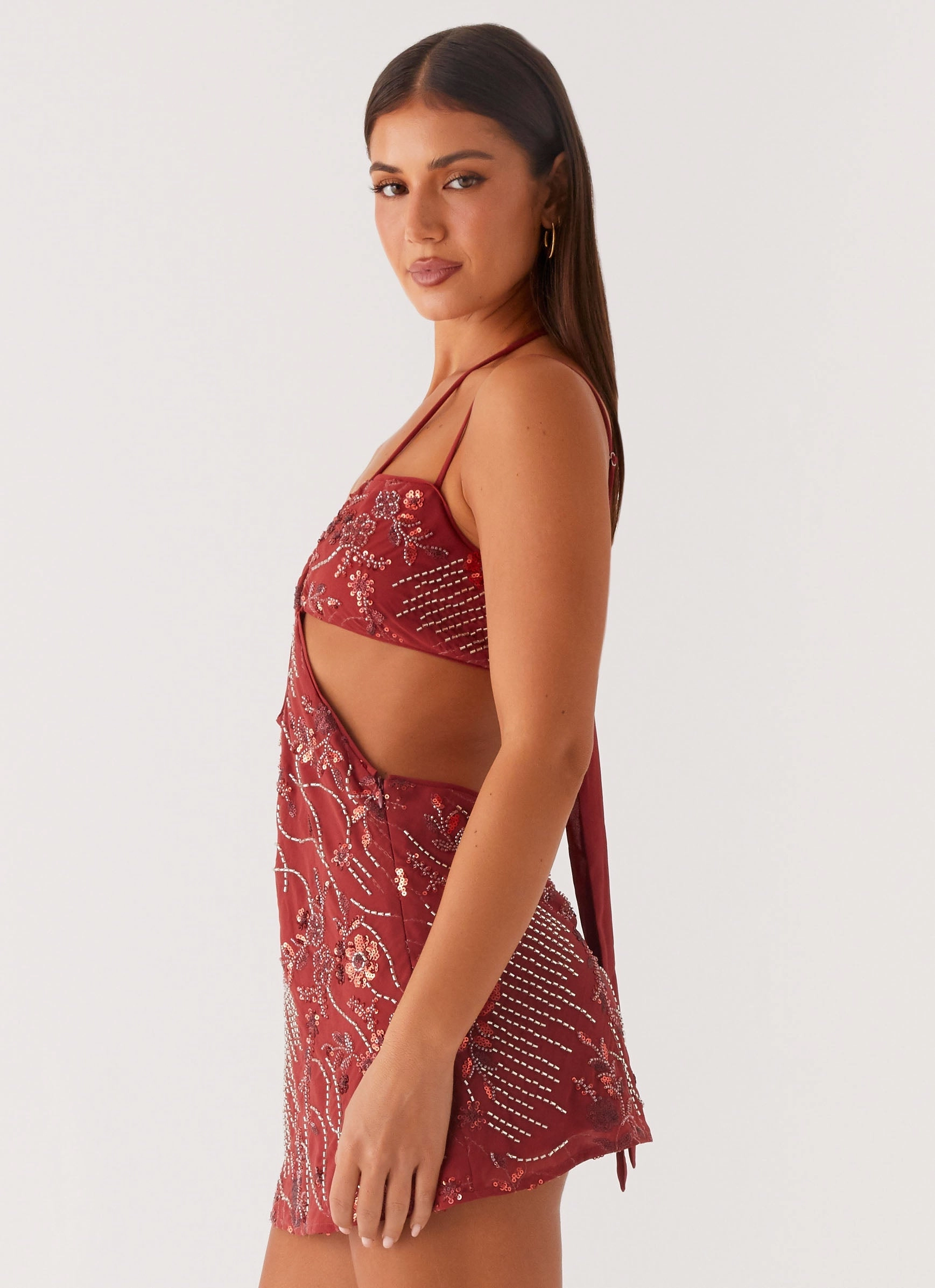 Sahara Nights Beaded Mini Dress - Rust Simple Spirit Cozy Drape