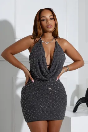 Season Ready Rebecca Beaded Cowl Neck Halter Mini Dress