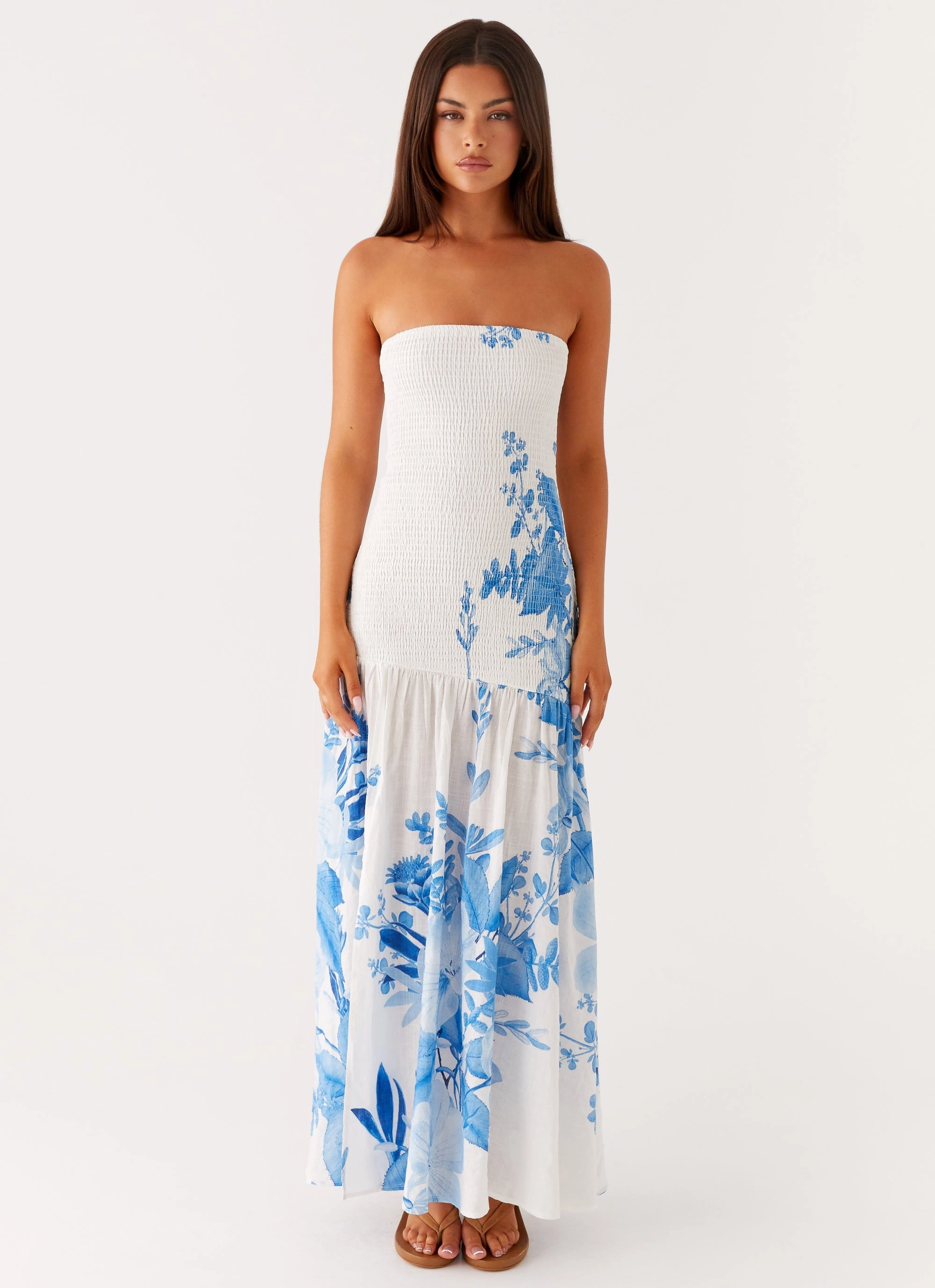 Winter Layering Feminine Movement Rebecca Maxi Dress - Blue Floral Print