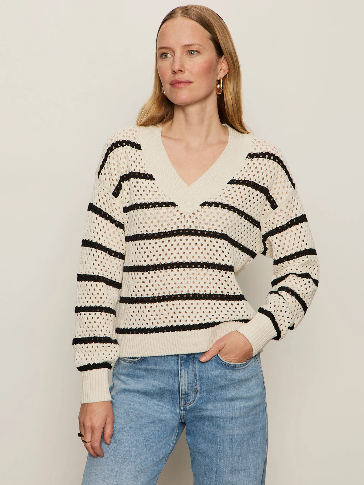 Airy Openwork Sweater Chalk Black Stripe Easy Wear