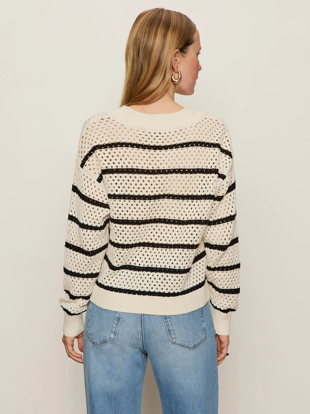 Airy Openwork Sweater Chalk Black Stripe Ribbed Collar Design