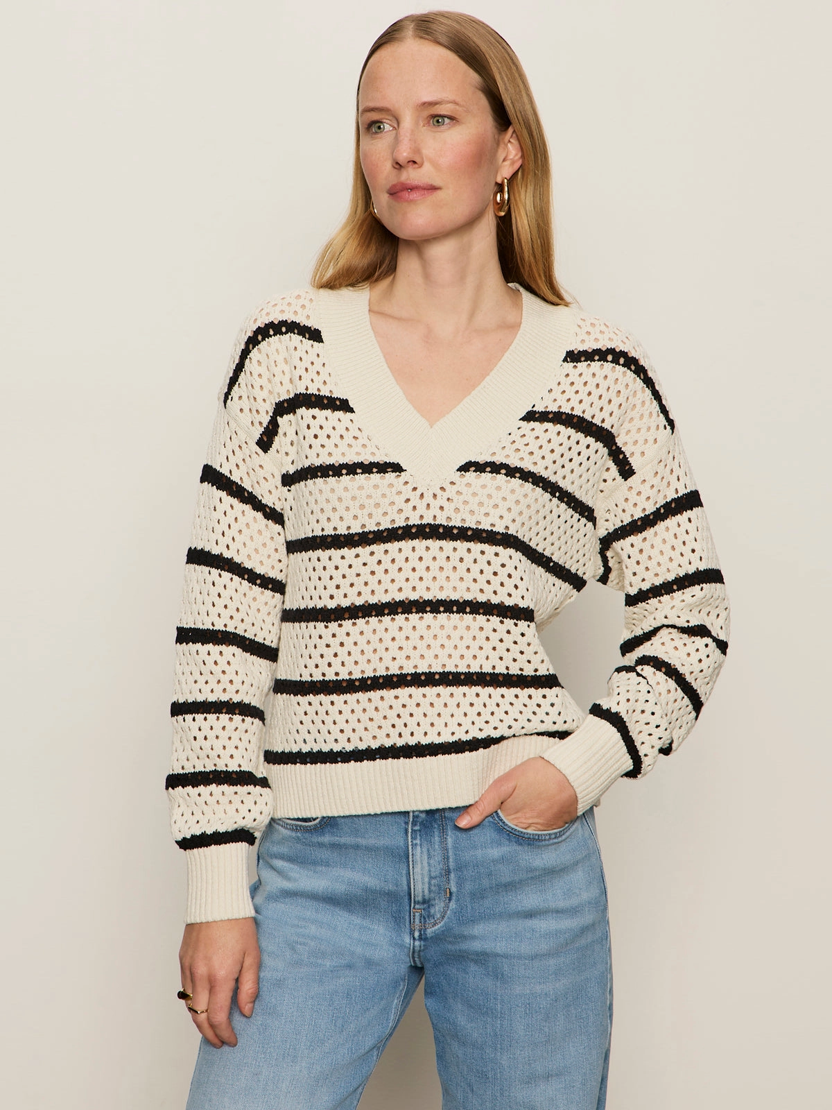 Airy Openwork Sweater Chalk Black Stripe Fashionable Tank Cozy Layer