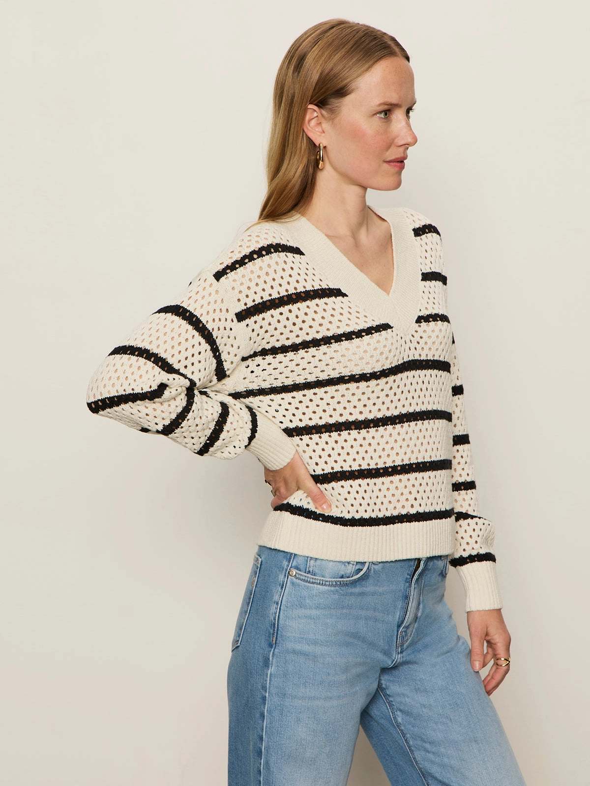 LayeredCuff Unstructured Fit Airy Openwork Sweater Chalk Black Stripe