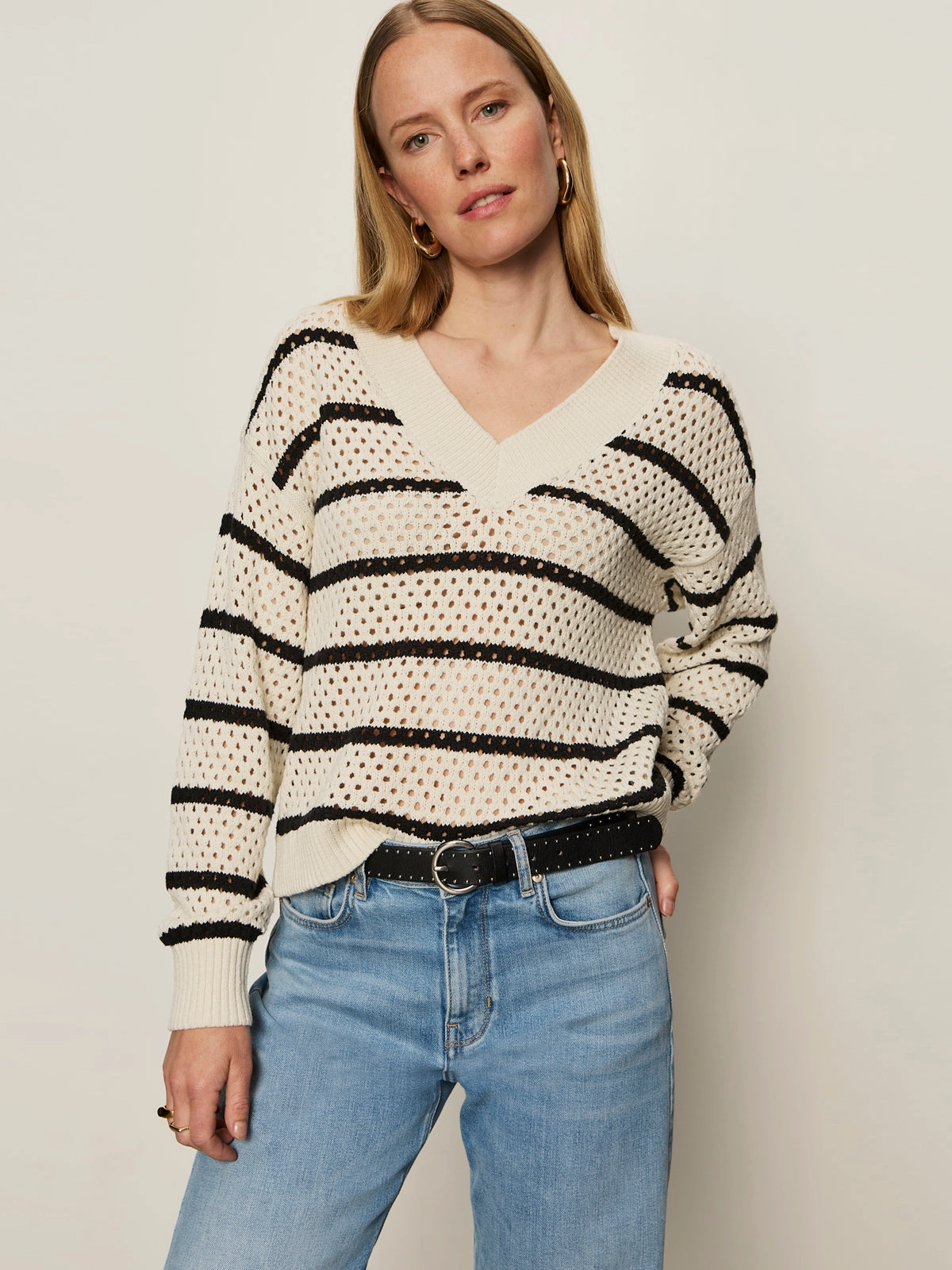 Ribbed Trims Airy Openwork Sweater Chalk Black Stripe