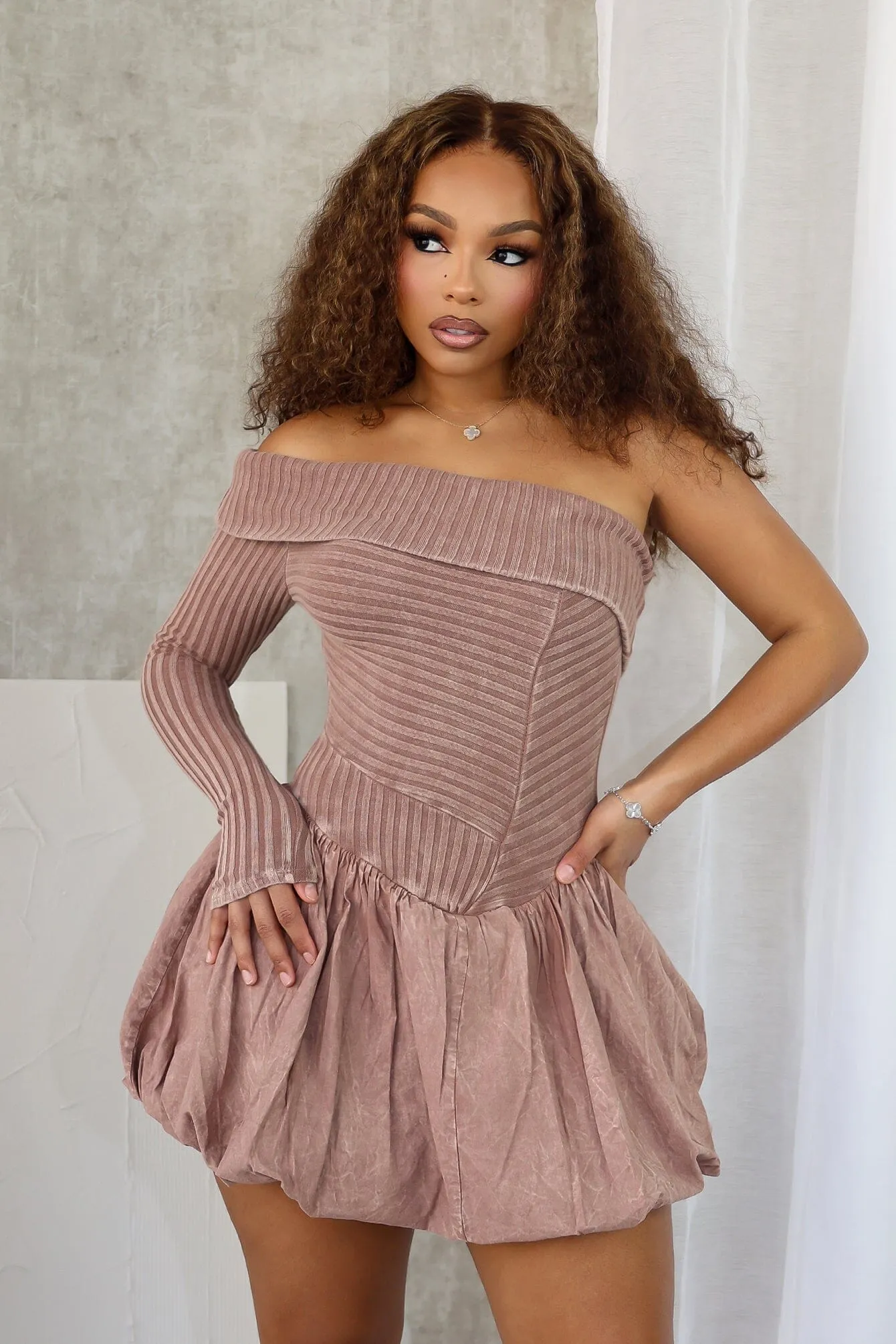 Reigh Mineral Washed Bubble Mini Dress Contrasting Detail