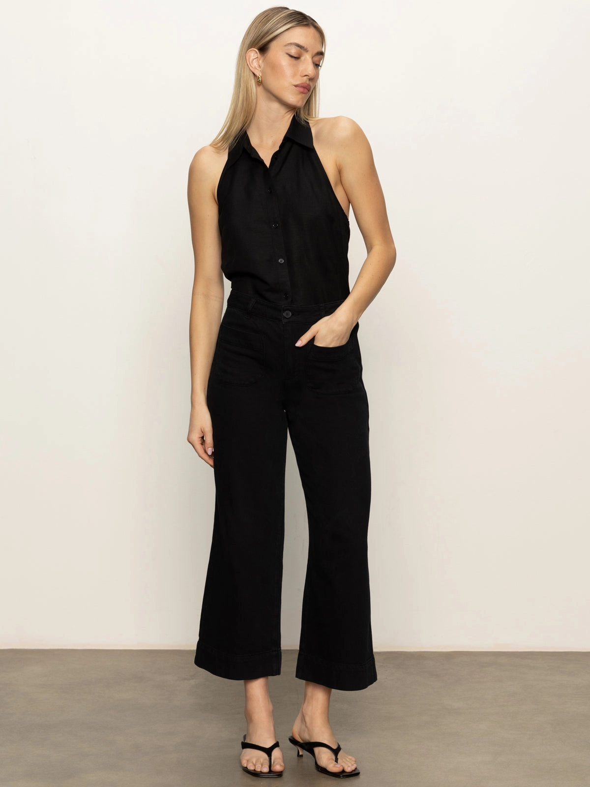 Relaxed Design Soft Marine Wide Leg Standard Rise Crop Pant Black