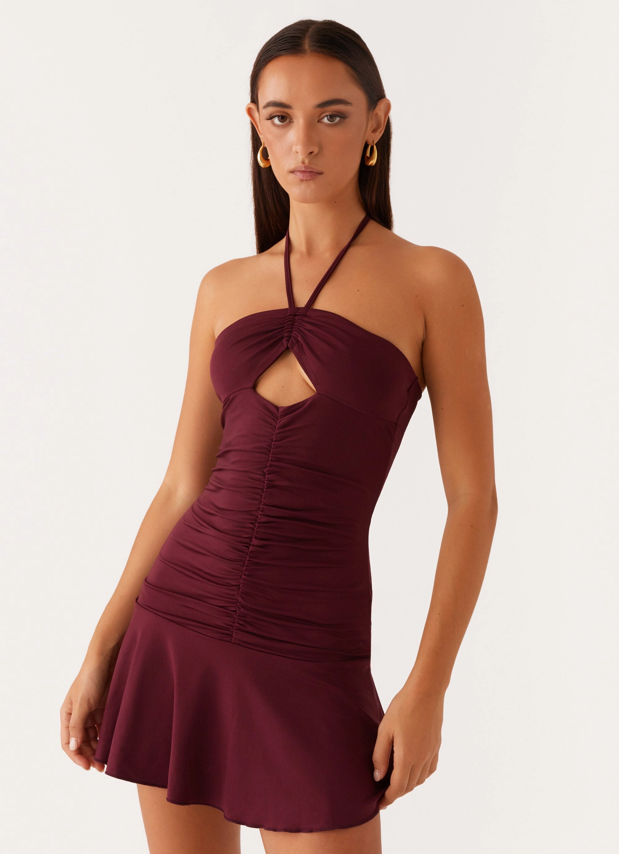 Katrina Halterneck Mini Dress - Deep Maroon High End Quality