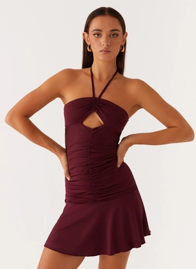Ventilated Panels Katrina Halterneck Mini Dress - Deep Maroon
