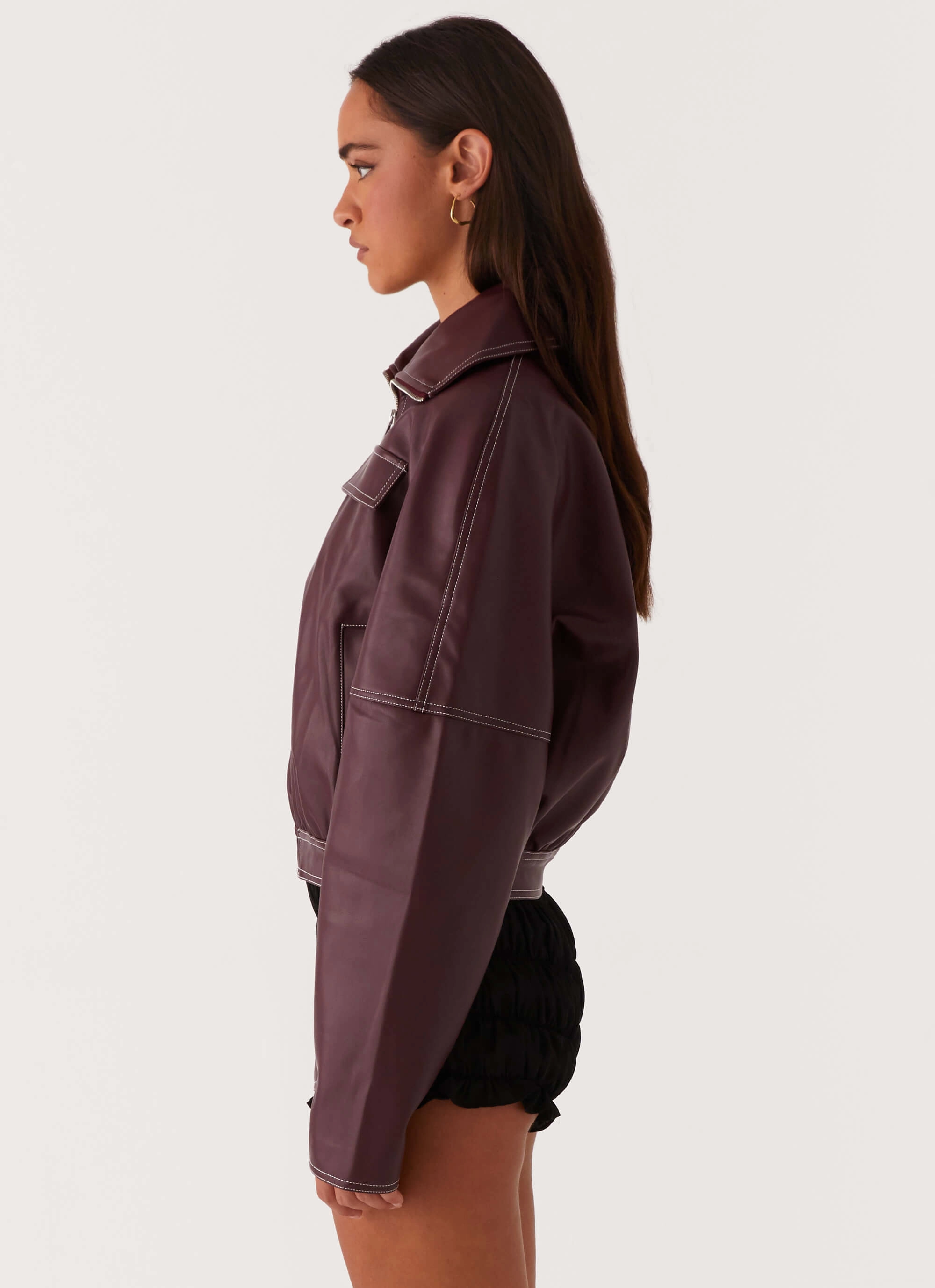 Meant To Be PU Boxy Jacket - Wine Convertible Collar