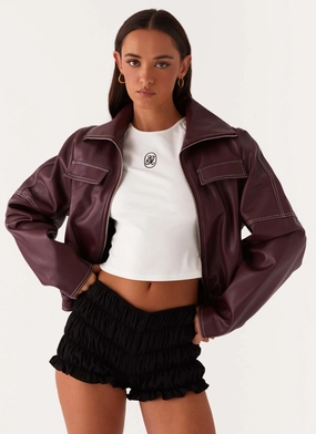 suburban residents Minimal Utility Meant To Be PU Boxy Jacket - Wine