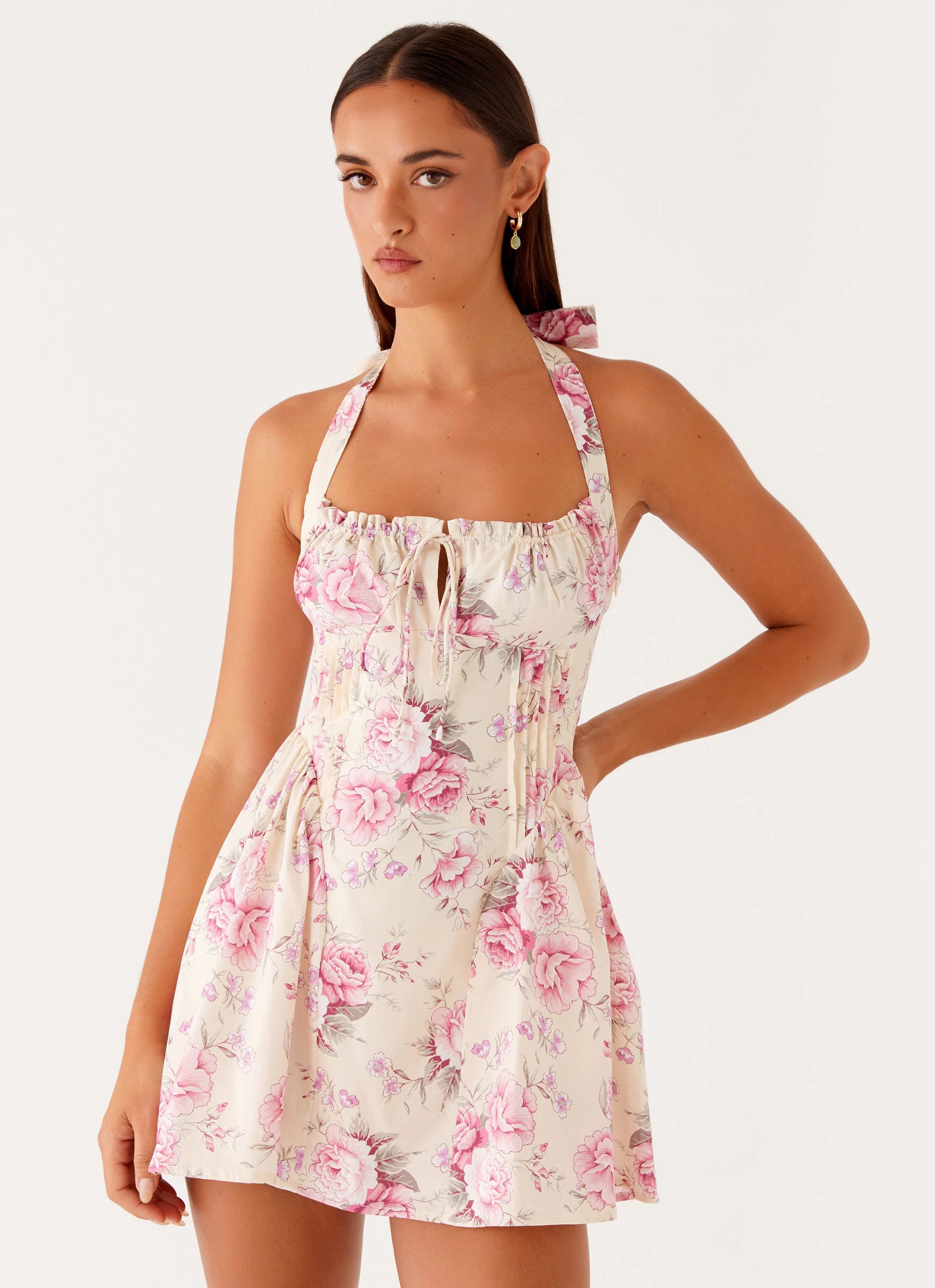 Rosalie Halter Mini Dress - Vintage Pink Floral Machine washable