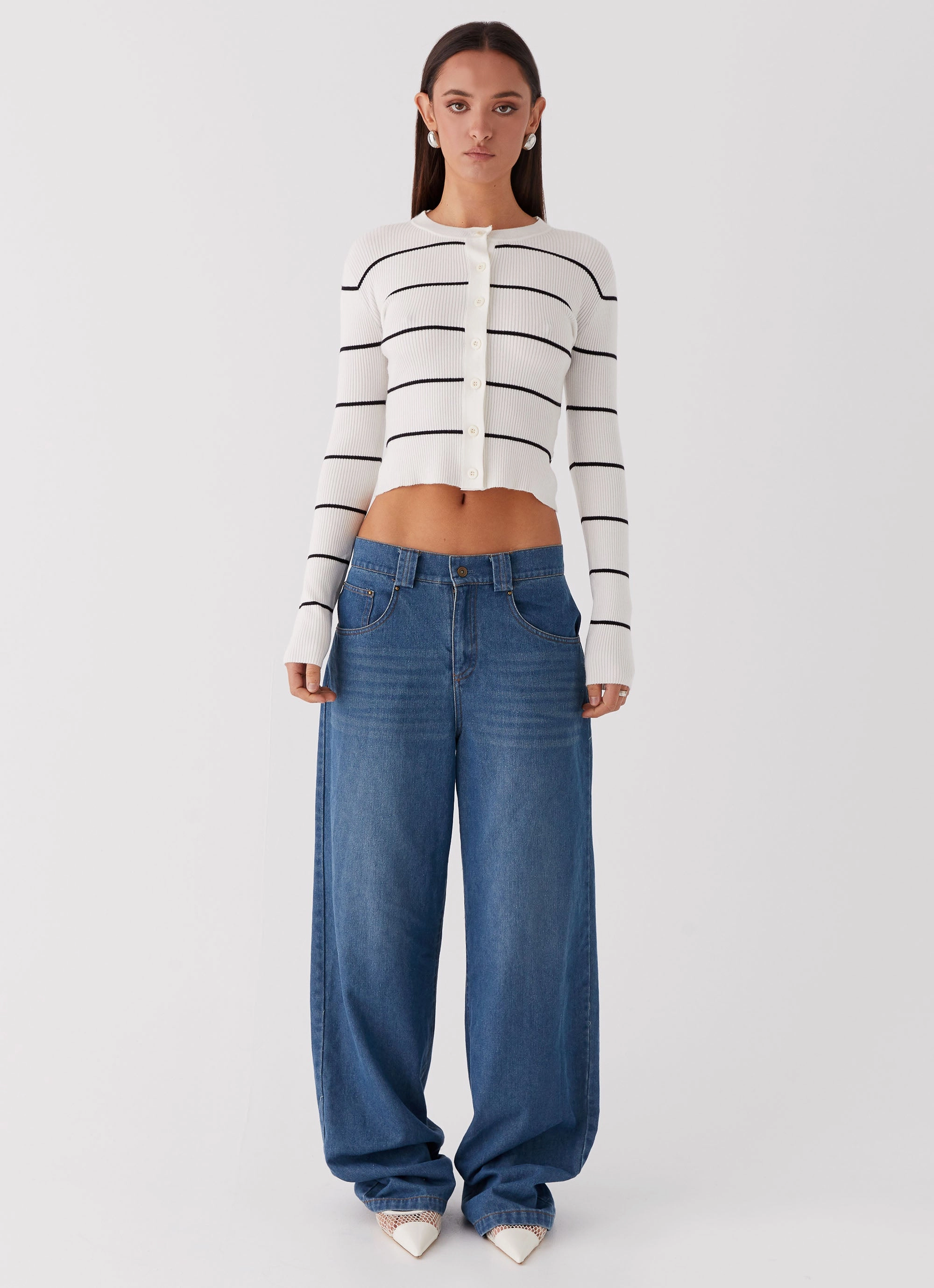 Kaylee Fitted Cardigan - White Stripe Fringe Detail Noise Reducing Hardware