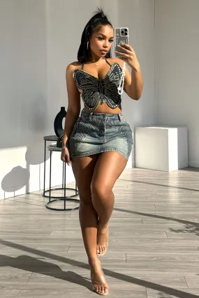 Golden Spring Butterfly Denim Top Double Stitched Seams Eco Dye Process