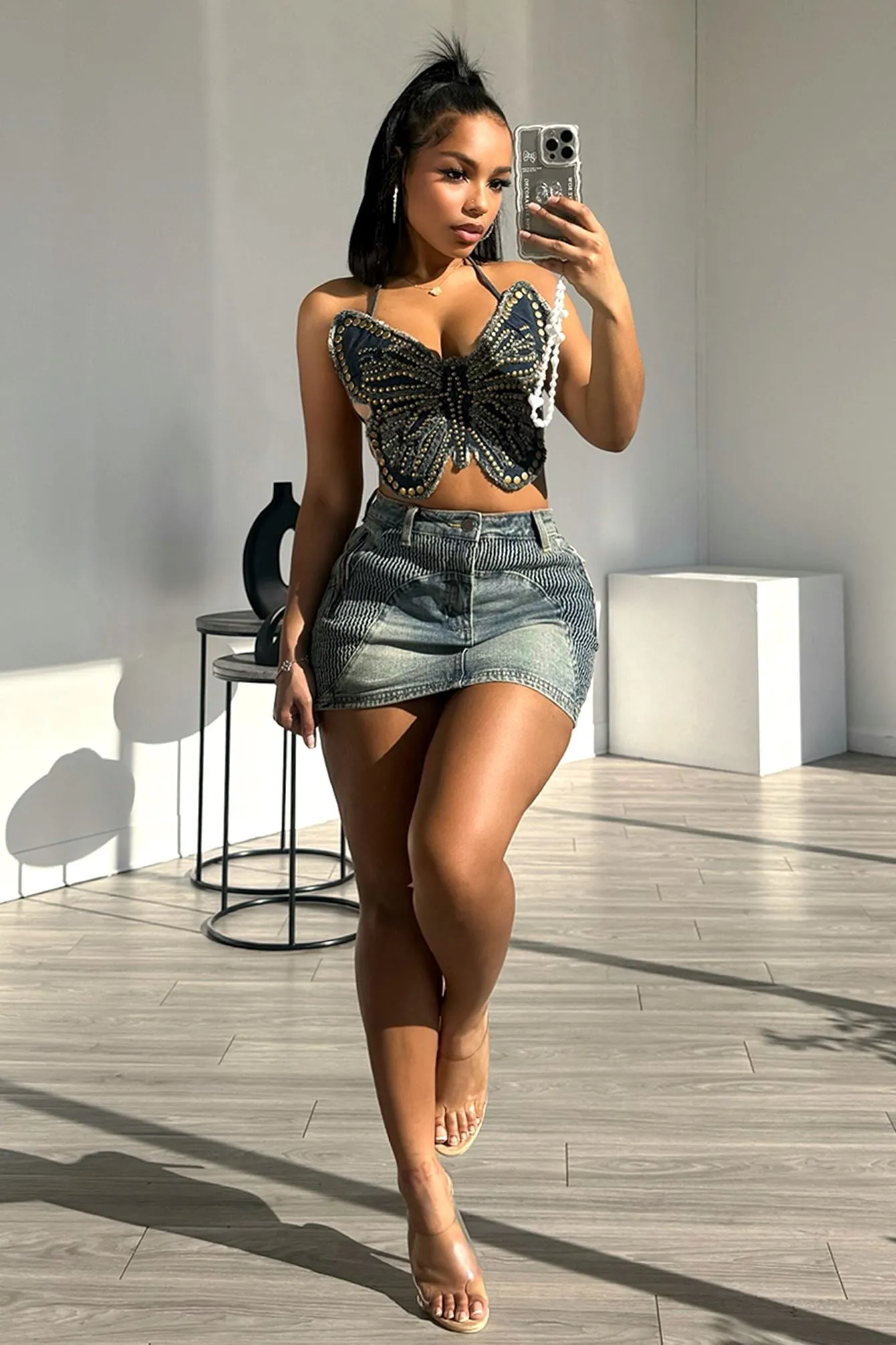 Golden Spring Butterfly Denim Top BrushedInnerSurface