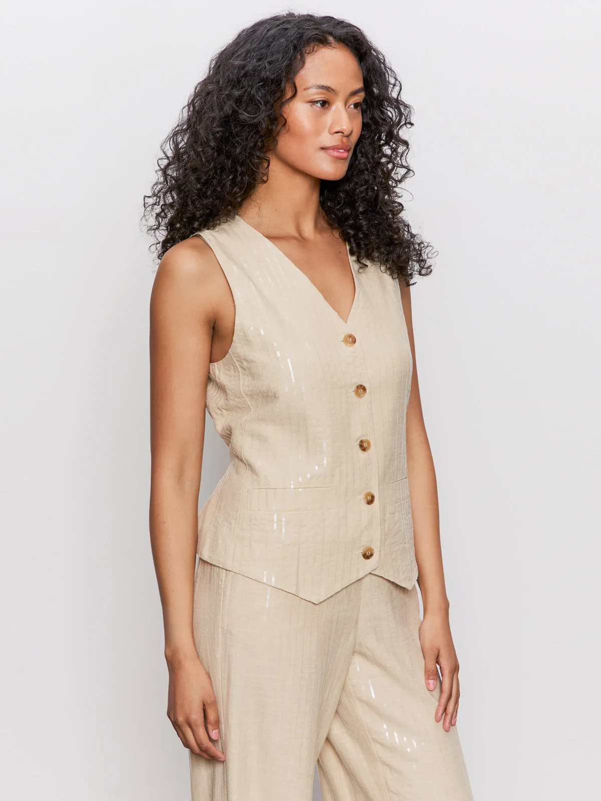 Relaxed Modern Vest Sand Sequin Stripe Eco Conscious Dye Process