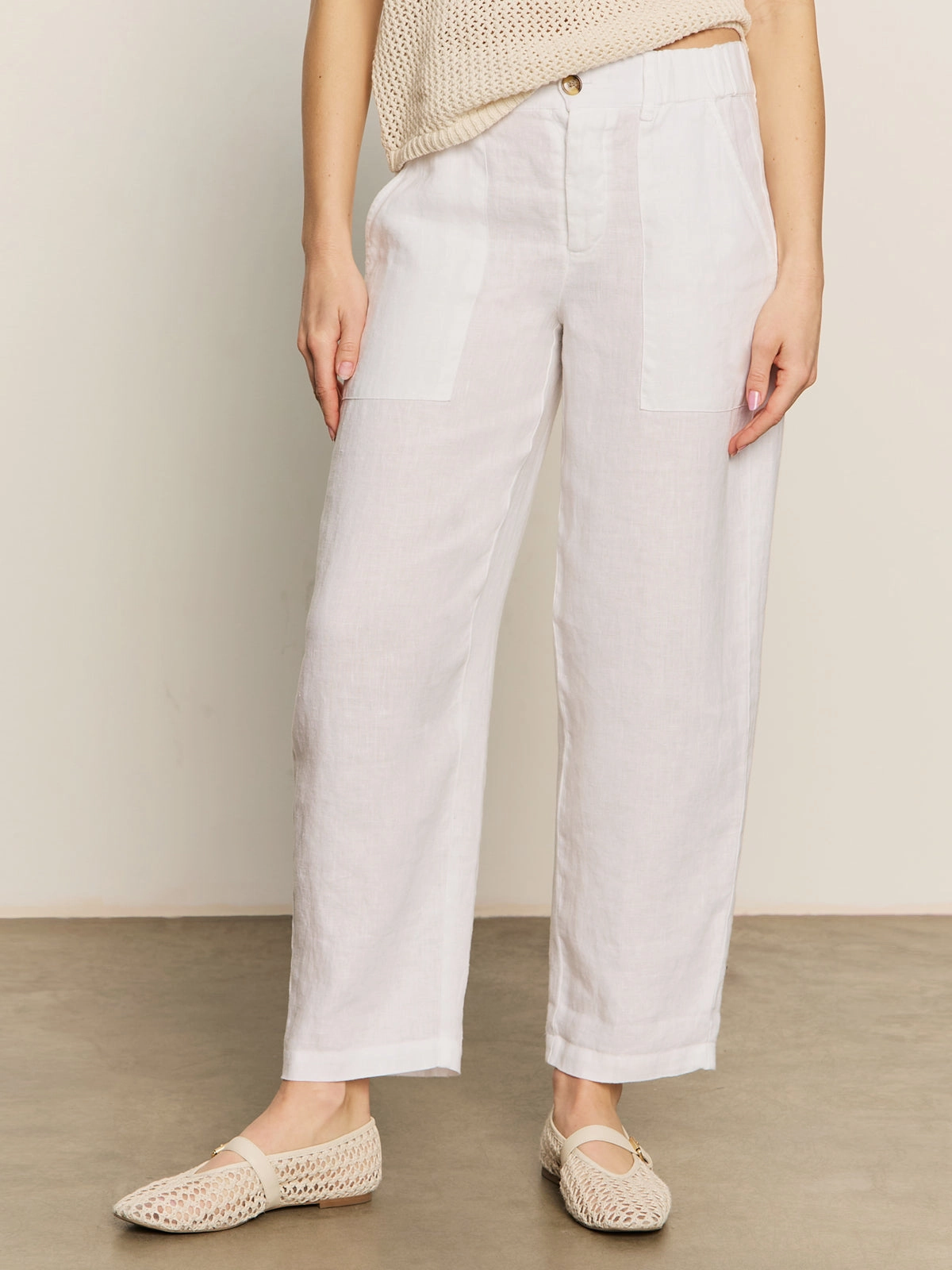 Relaxed Linen Cruiser Semi High Rise Pant Bleached White Comfortable Cotton Rolled Hem Detailing
