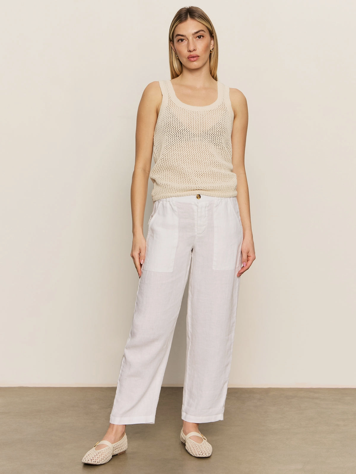 Anti Pilling Fabric Relaxed Linen Cruiser Semi High Rise Pant Bleached White