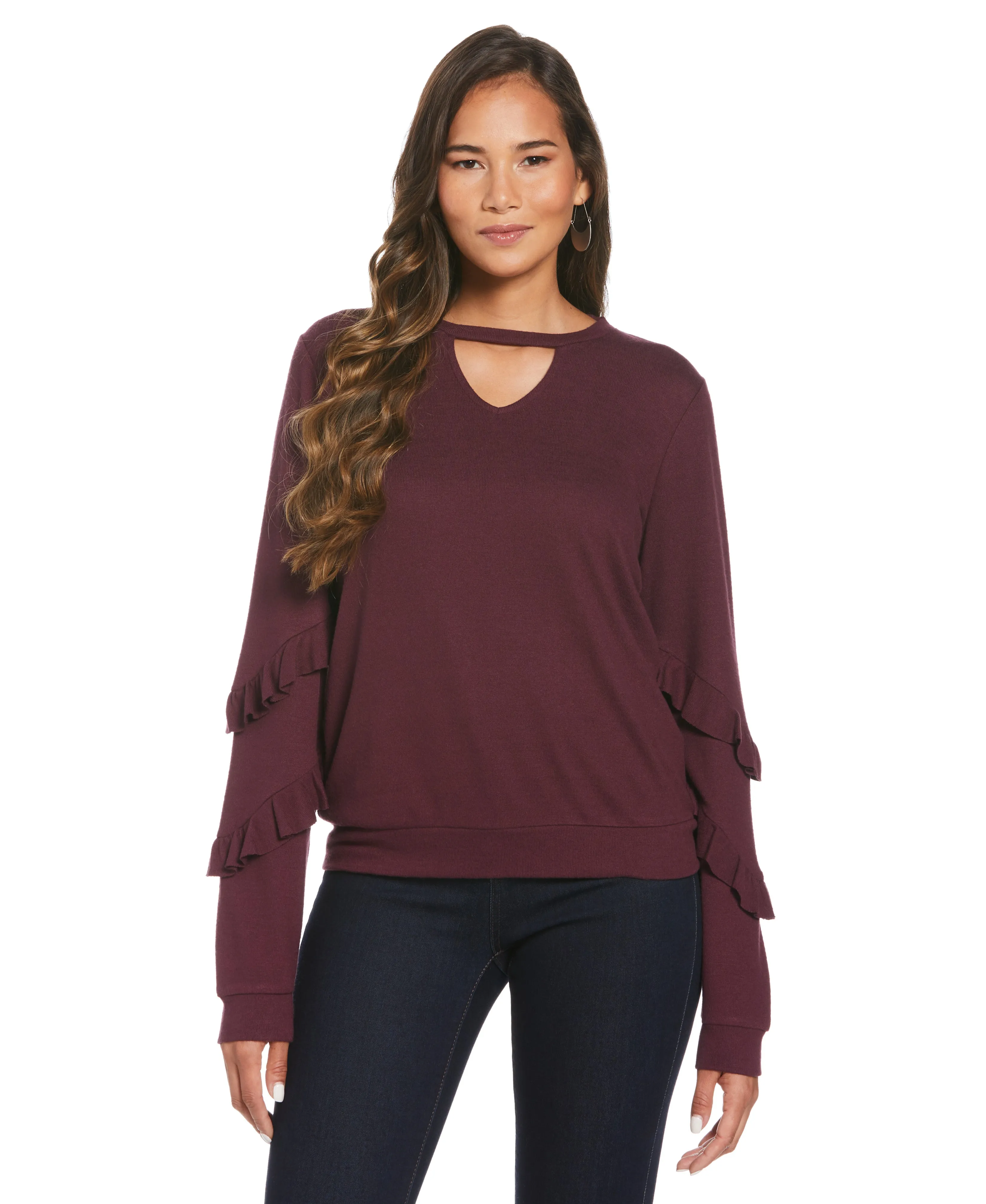 Reinforced Elbow Patches Knit Cutout Ruffle Sleeve Top