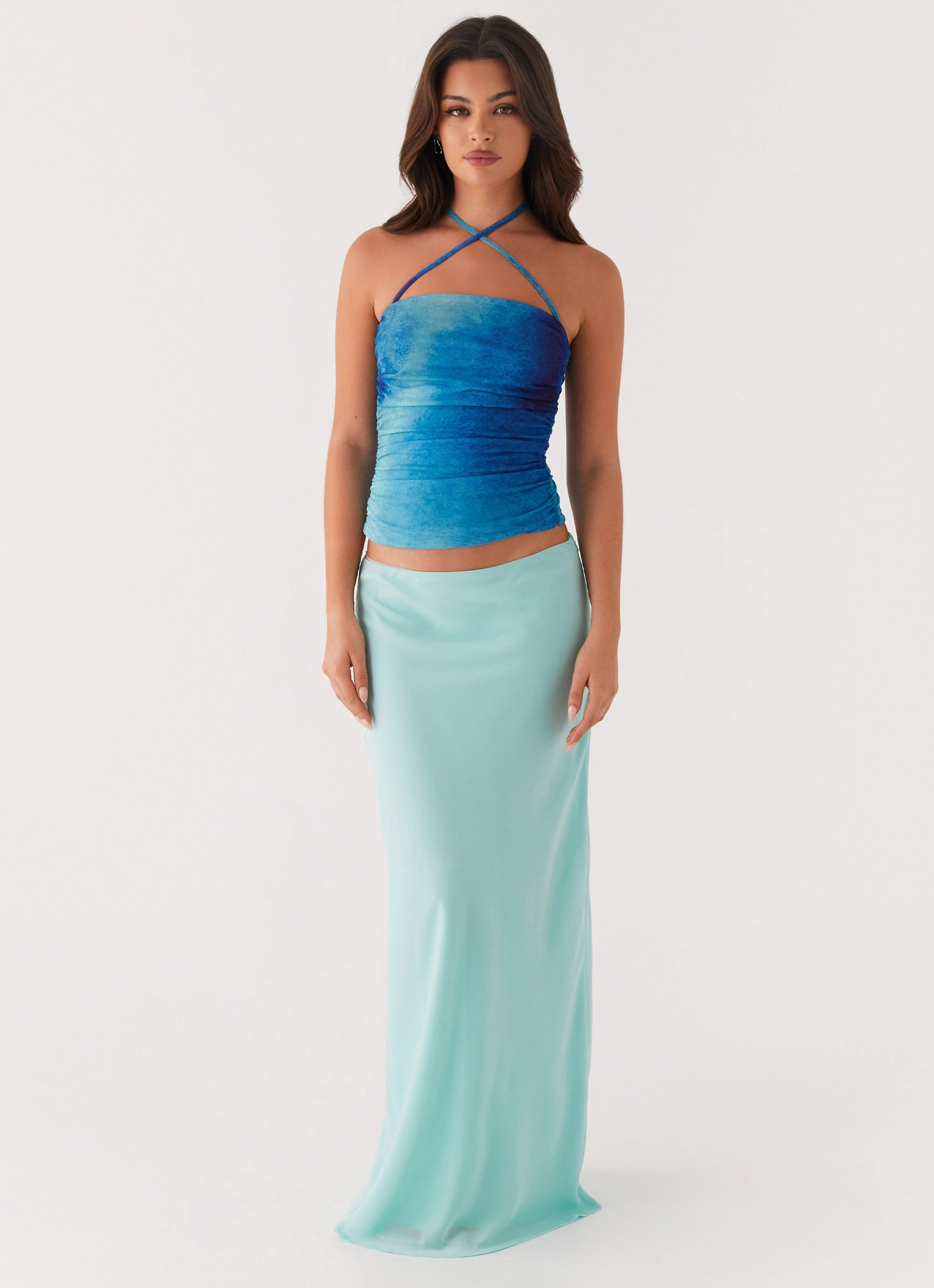 High Neckline Structure Classic Crewneck Design Remedy Halter Top - Blue Tie Dye