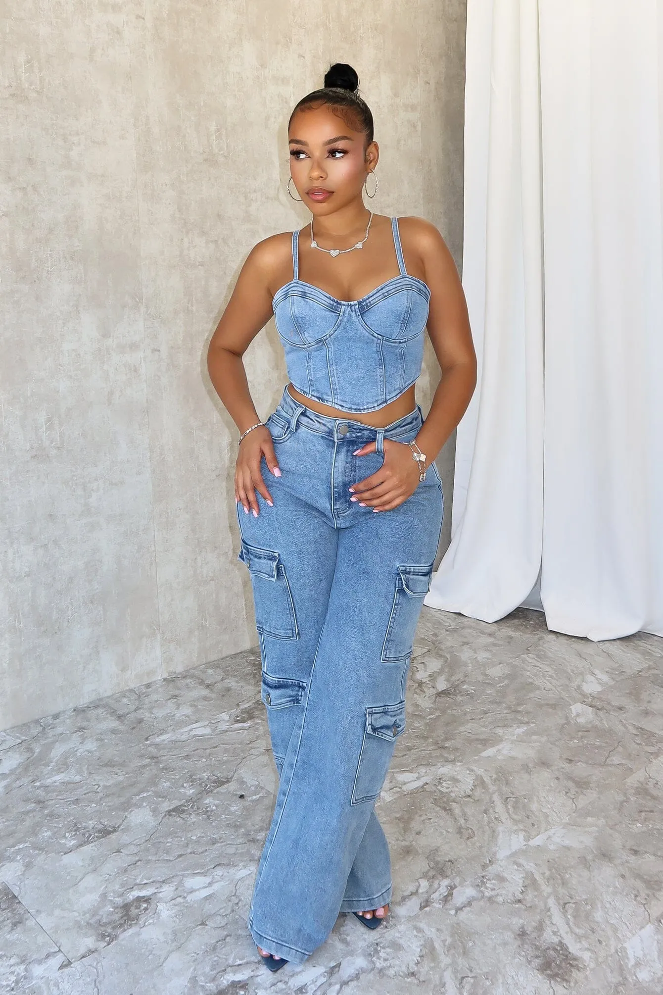 Soft and Cozy Anti Static Finish Replace You Denim Bustier Top & Pants SET