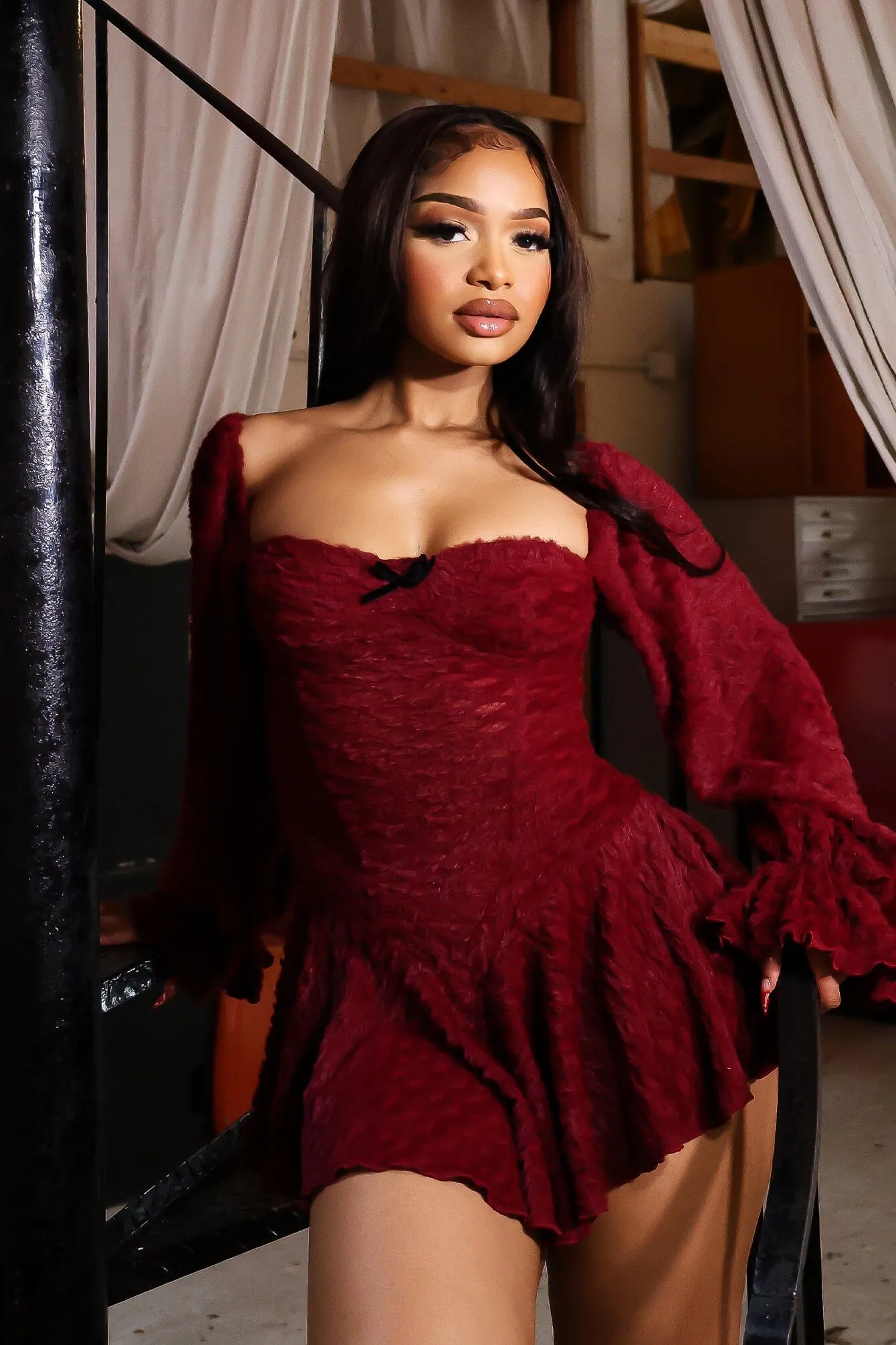 Lightweight Roxi Fuzzy Knit Flare Mini Dress