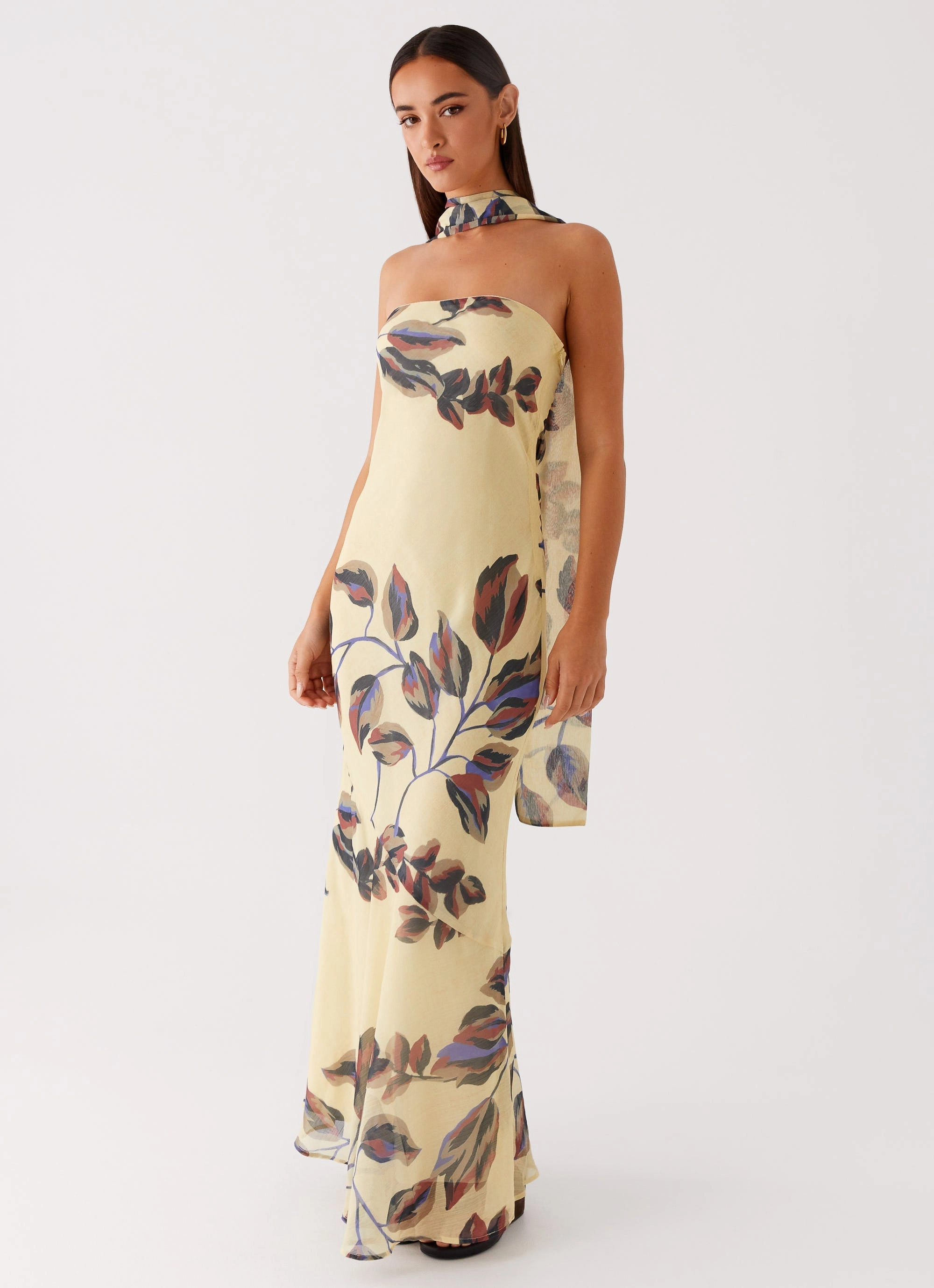 Under The Pagoda Maxi Dress - Buttercream Leaf Print Silk Shine