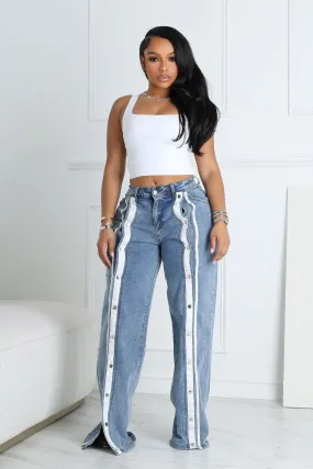 Elegant Adult Fashion Retro Snap Button Denim Jeans with Stripes