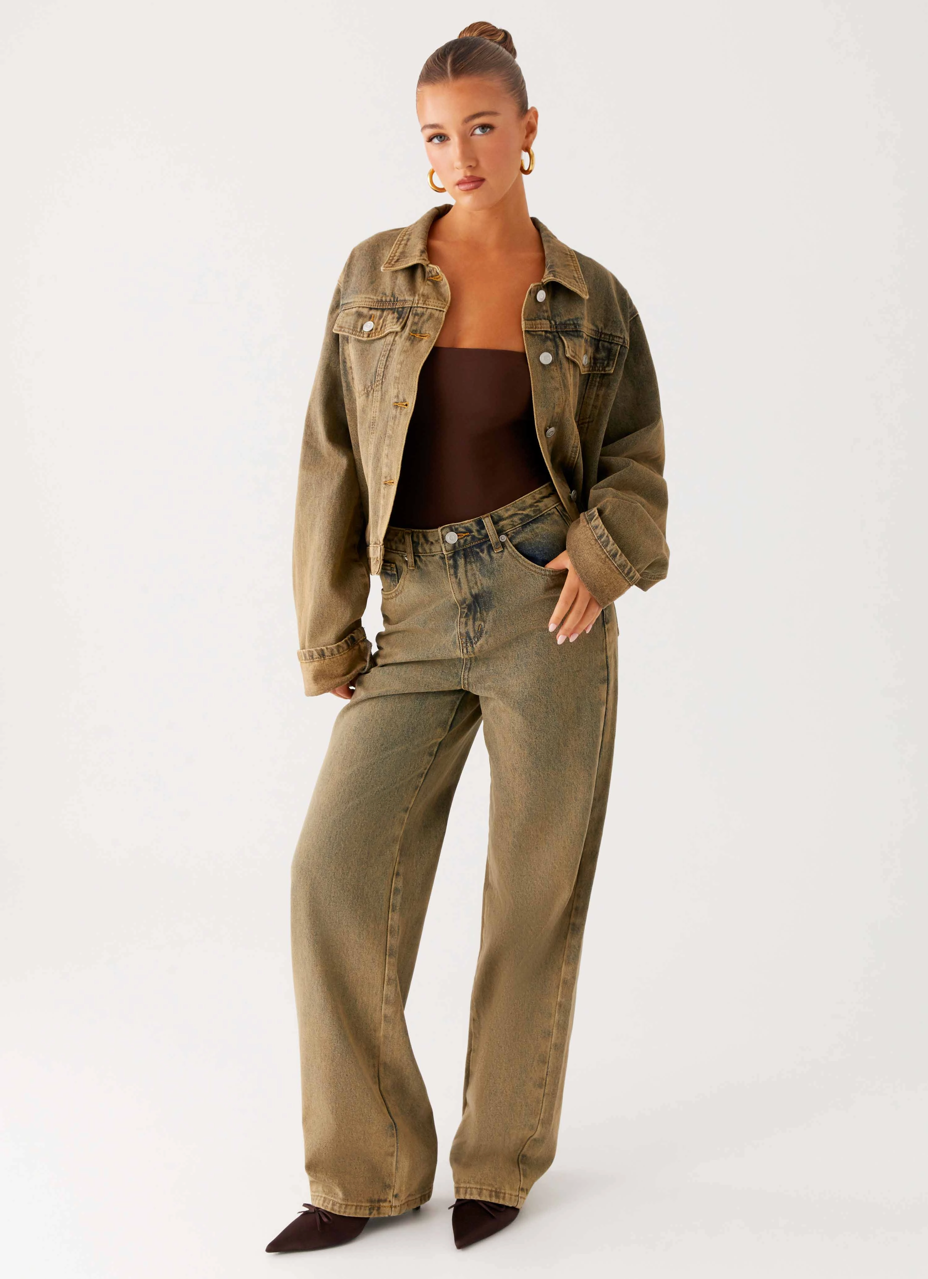 Back Again Straight Leg Denim Jeans - Brown Sand Wash Cool Weather