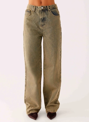 Back Again Straight Leg Denim Jeans - Brown Sand Wash Bold Earthy