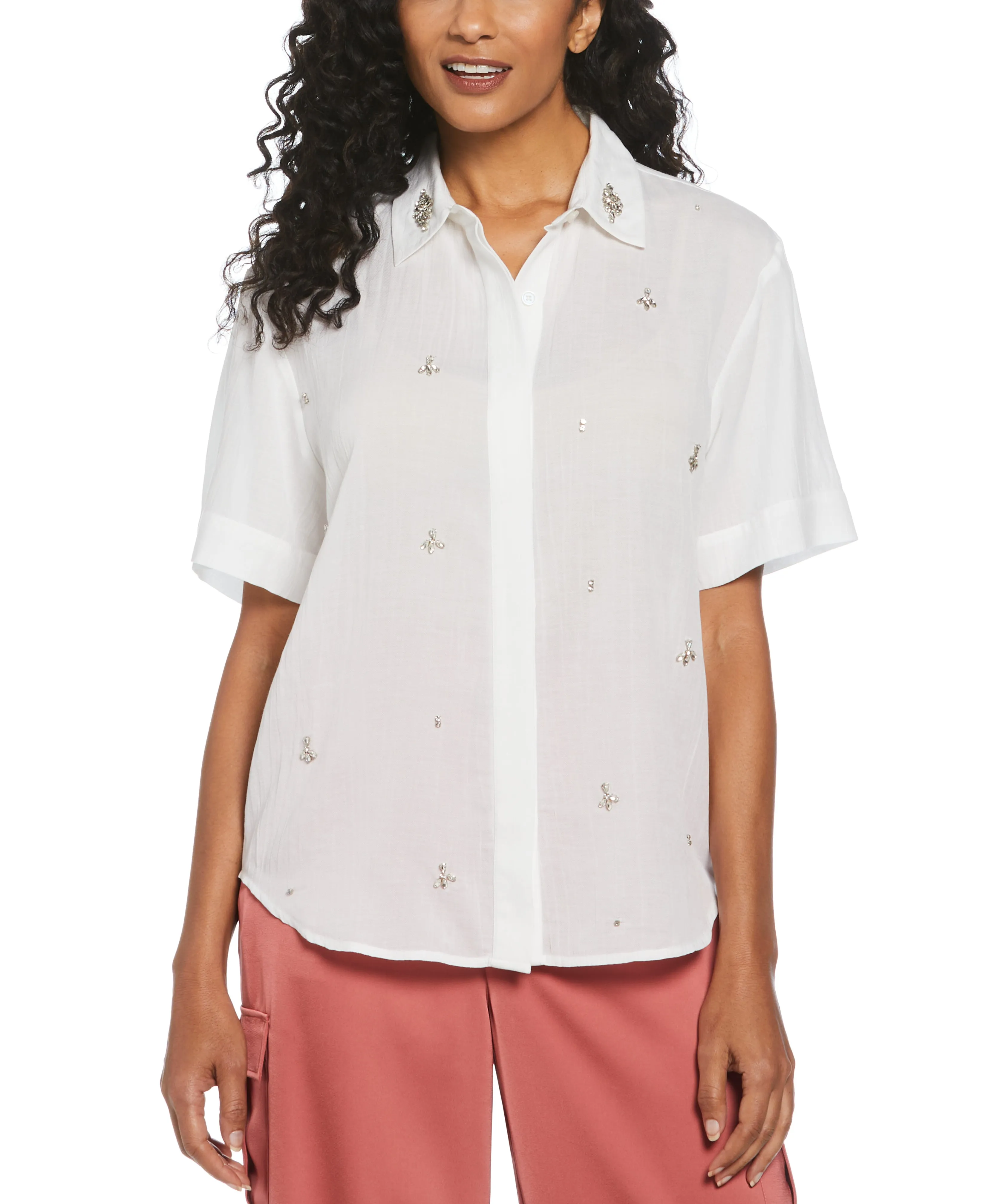 Rhinestone Embellished Relaxed Blouse AntiStaticFabric