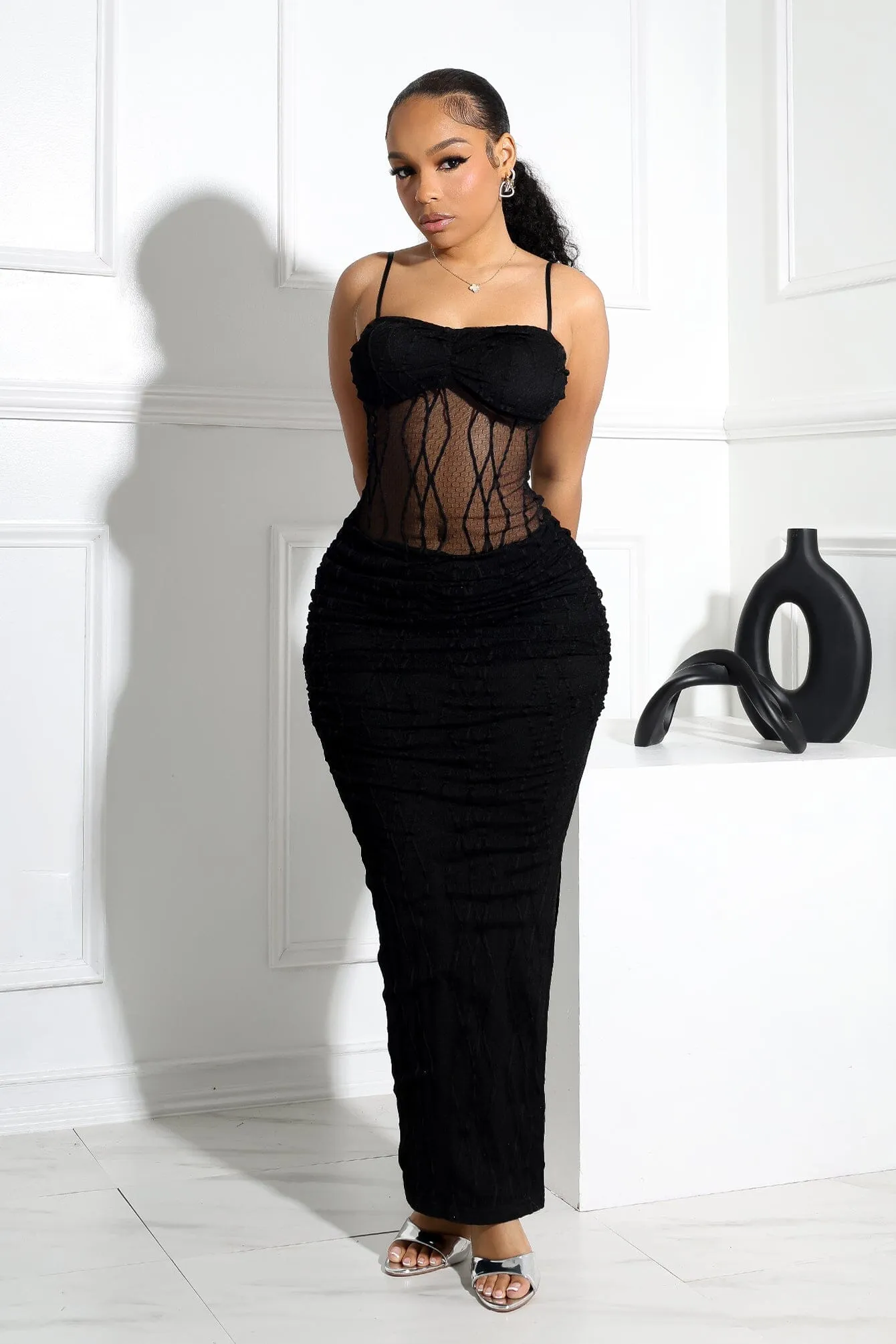 DurableStitching Edge Shape Rhoda Mesh Tank Ruching Maxi Dress