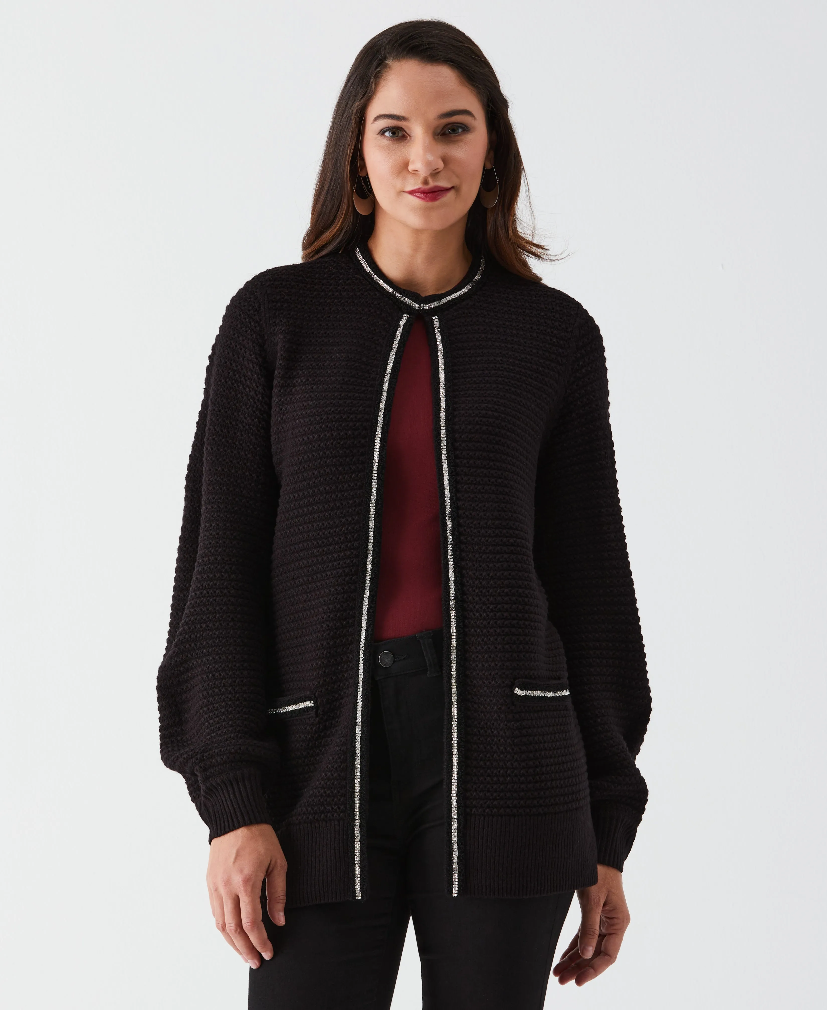 Trendy Comfort Rhinestone Trim Cardigan