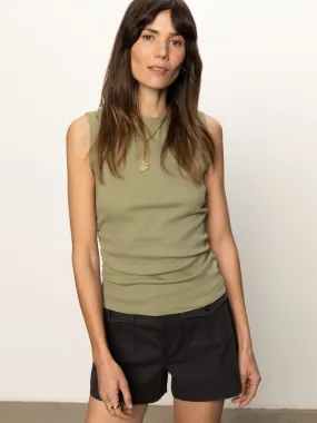 AdjustableNeckline LayeredCollar Ribbed Ruched Tank Sage