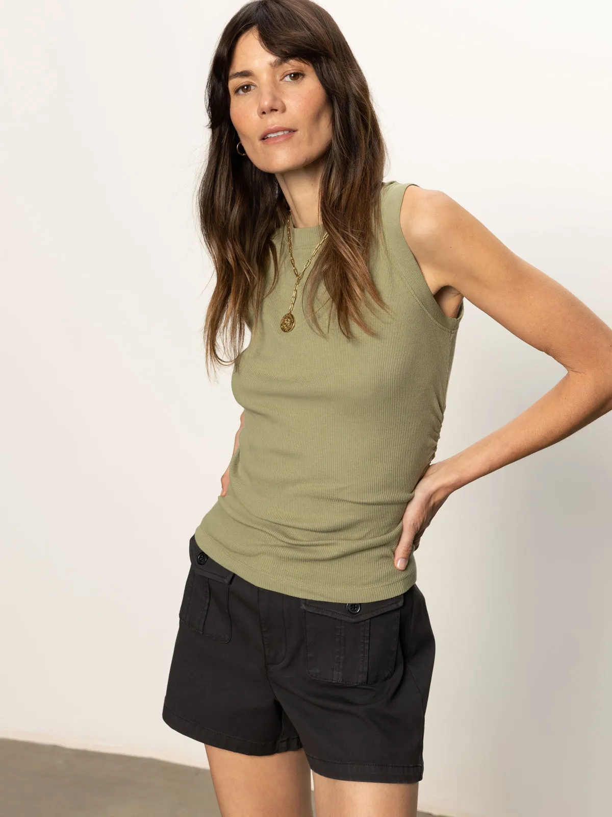 Ribbed Ruched Tank Sage Compression Fit