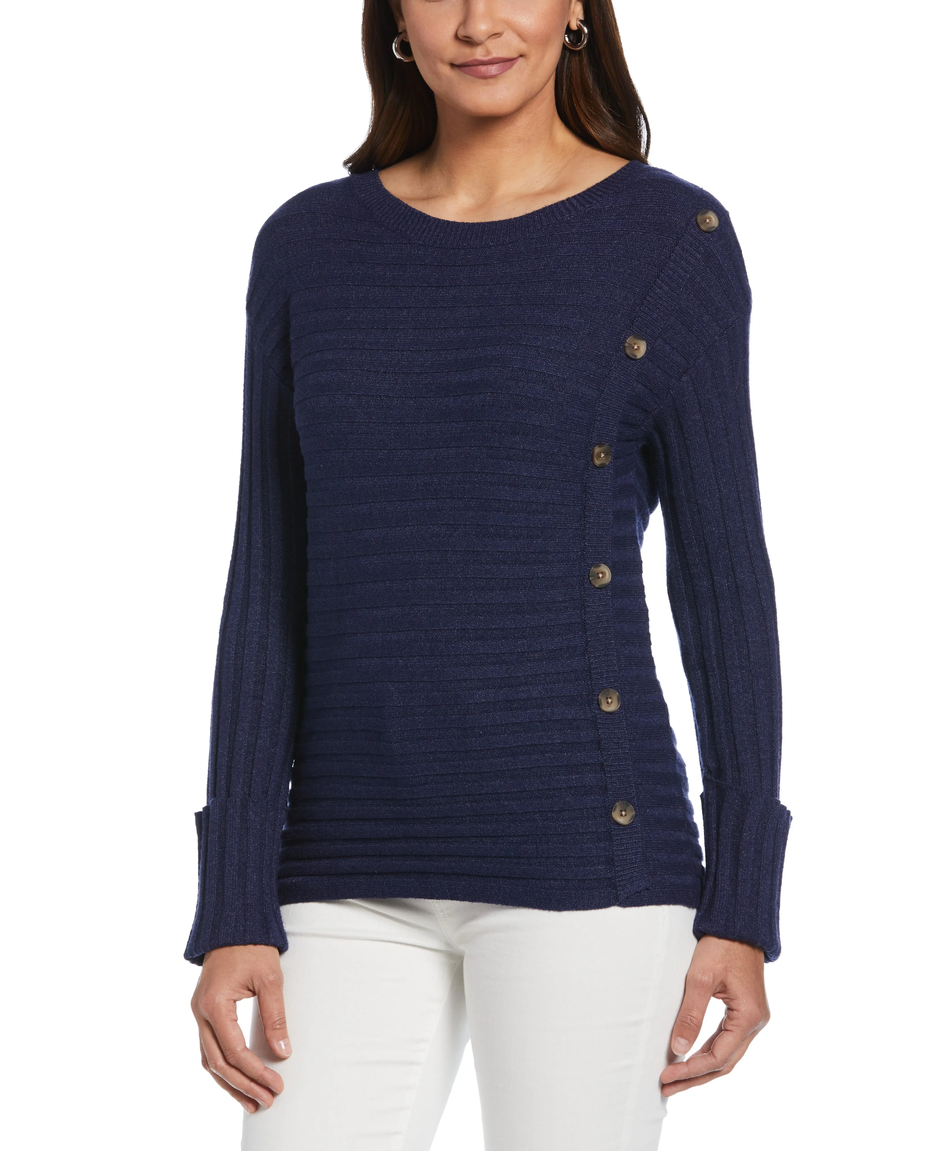 Ribbed Sweater with Button Detail DoubleStitched Hem Durable Stitching