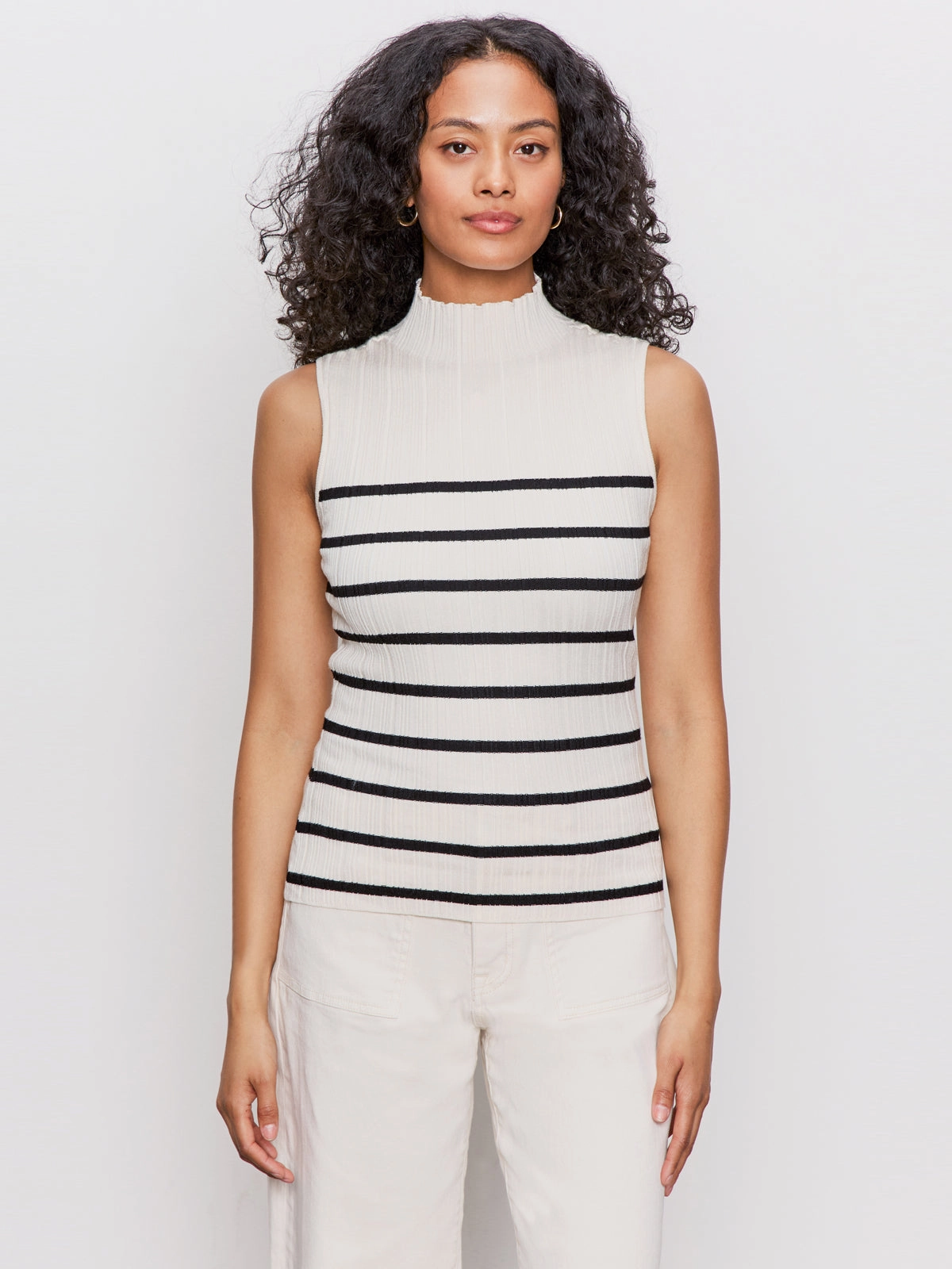 HighStretch Reinforced Hem Stitching Ribbed Funnel Neck Top Light Oat/Black