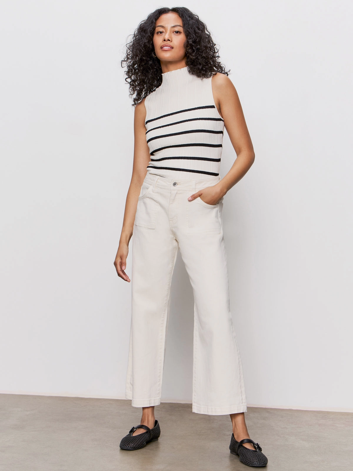 Ribbed Funnel Neck Top Light Oat/Black Adjustable Cuff System