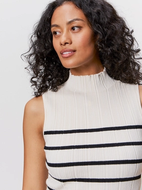 Layered Hem Reinforcement Summer Wardrobe Ribbed Funnel Neck Top Light Oat/Black