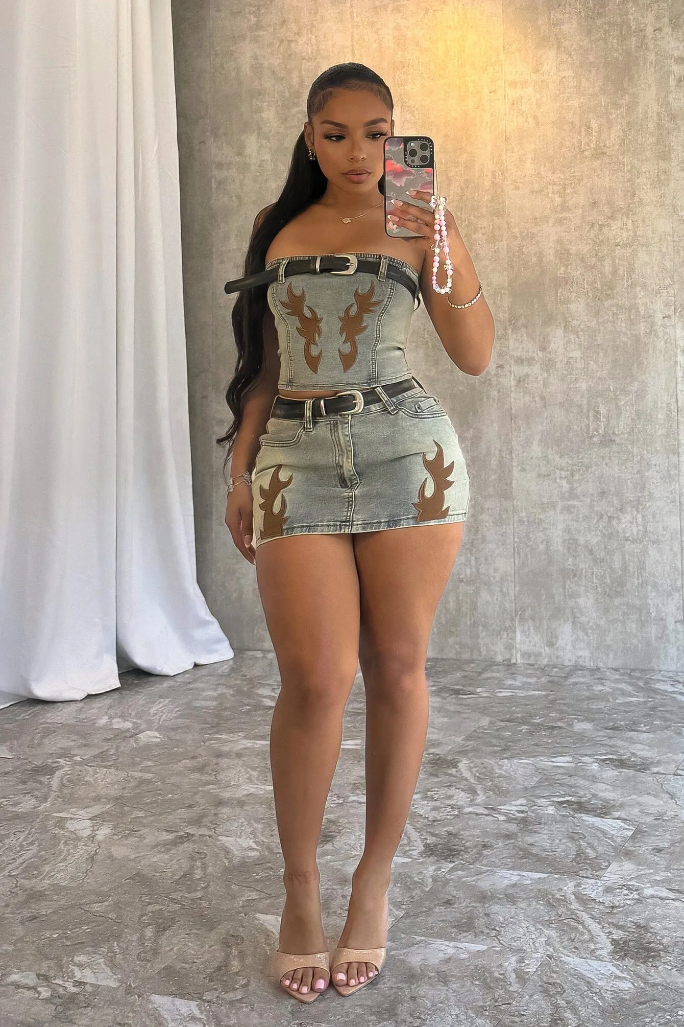 Chic Look High Durability Stitching Rodeo Flame Belted Tube Top & Skirt SET