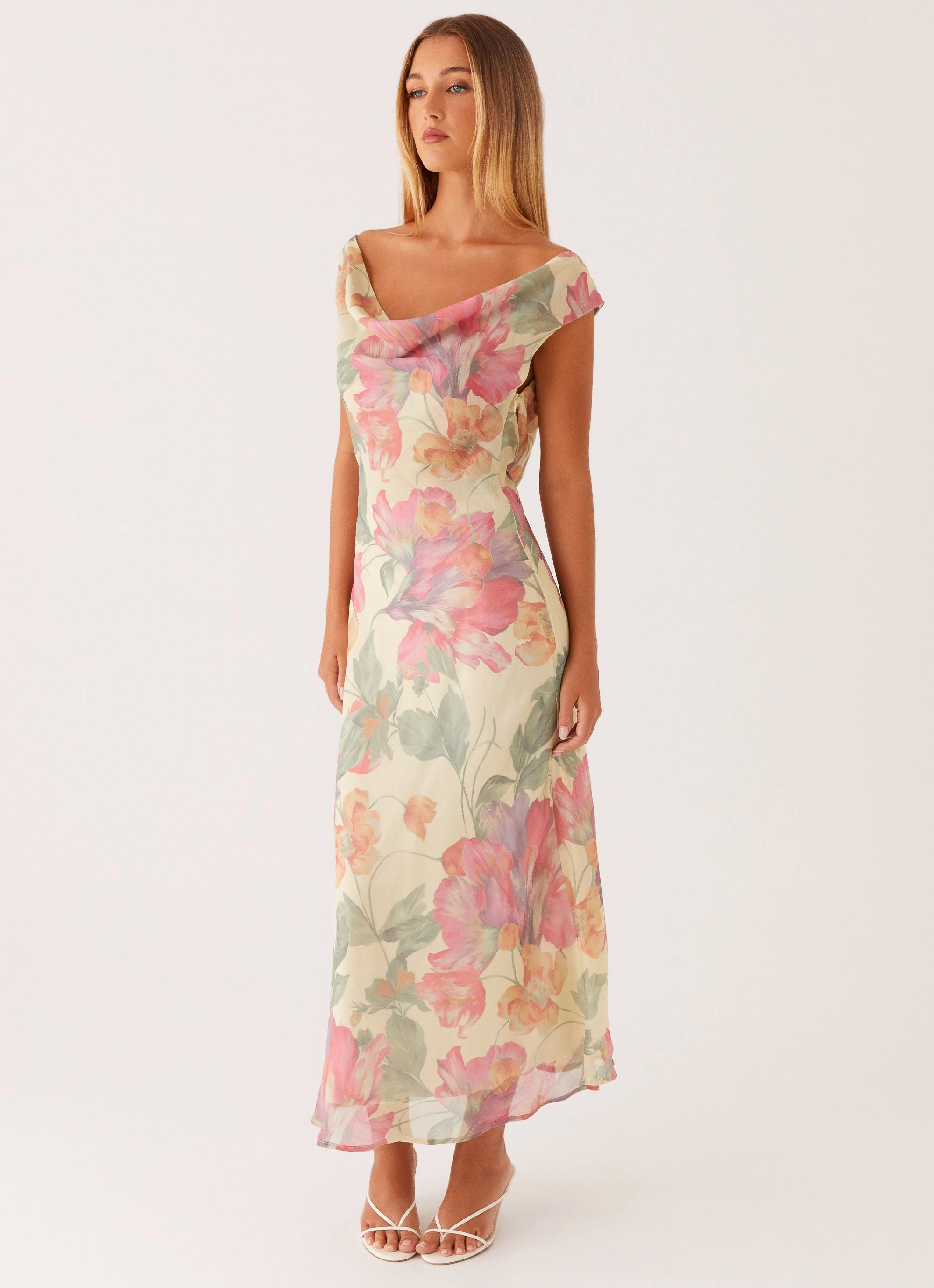 V Neckline Satin-Edge Role Model Maxi Dress - Yellow Peony