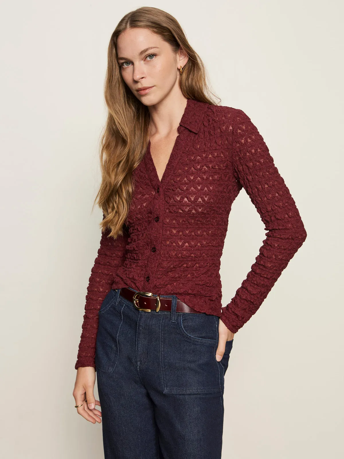 Trendy Cardigan Circular Knit Dreamgirl Lace Button Up Top Night Berry