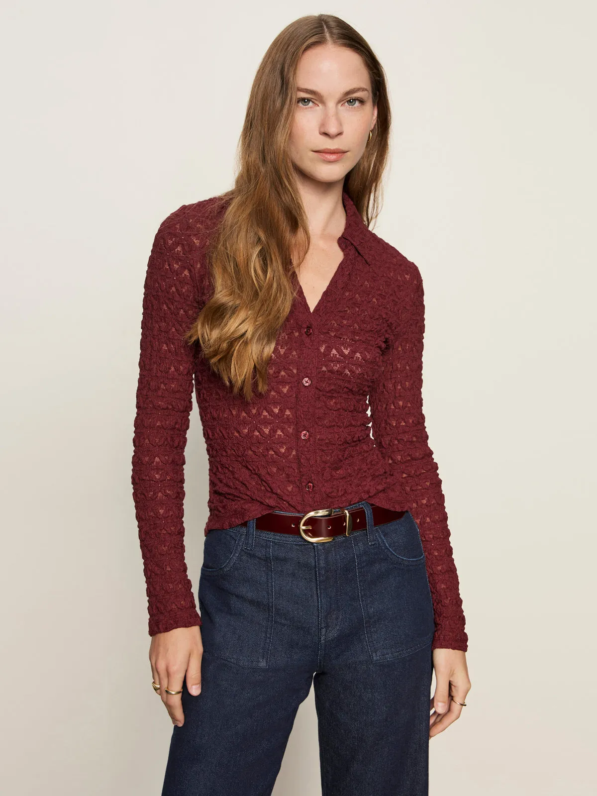 Dreamgirl Lace Button Up Top Night Berry TearResistant Blends