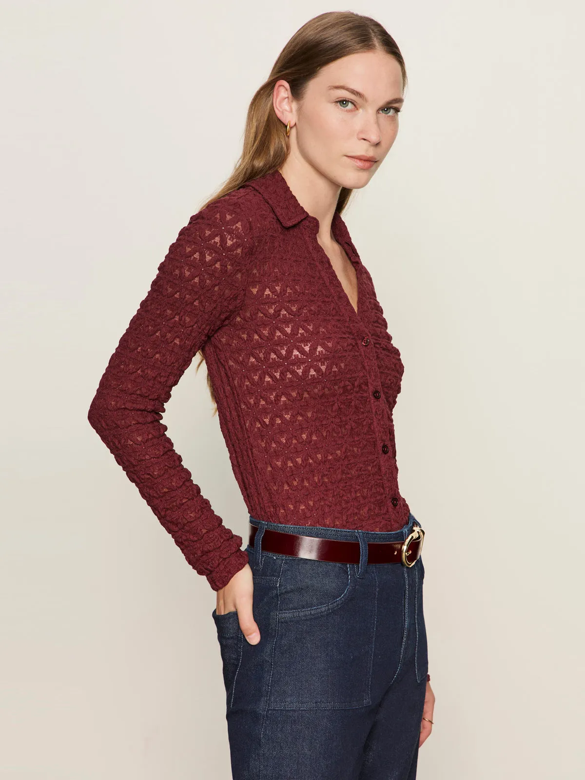 BambooBlend Dreamgirl Lace Button Up Top Night Berry