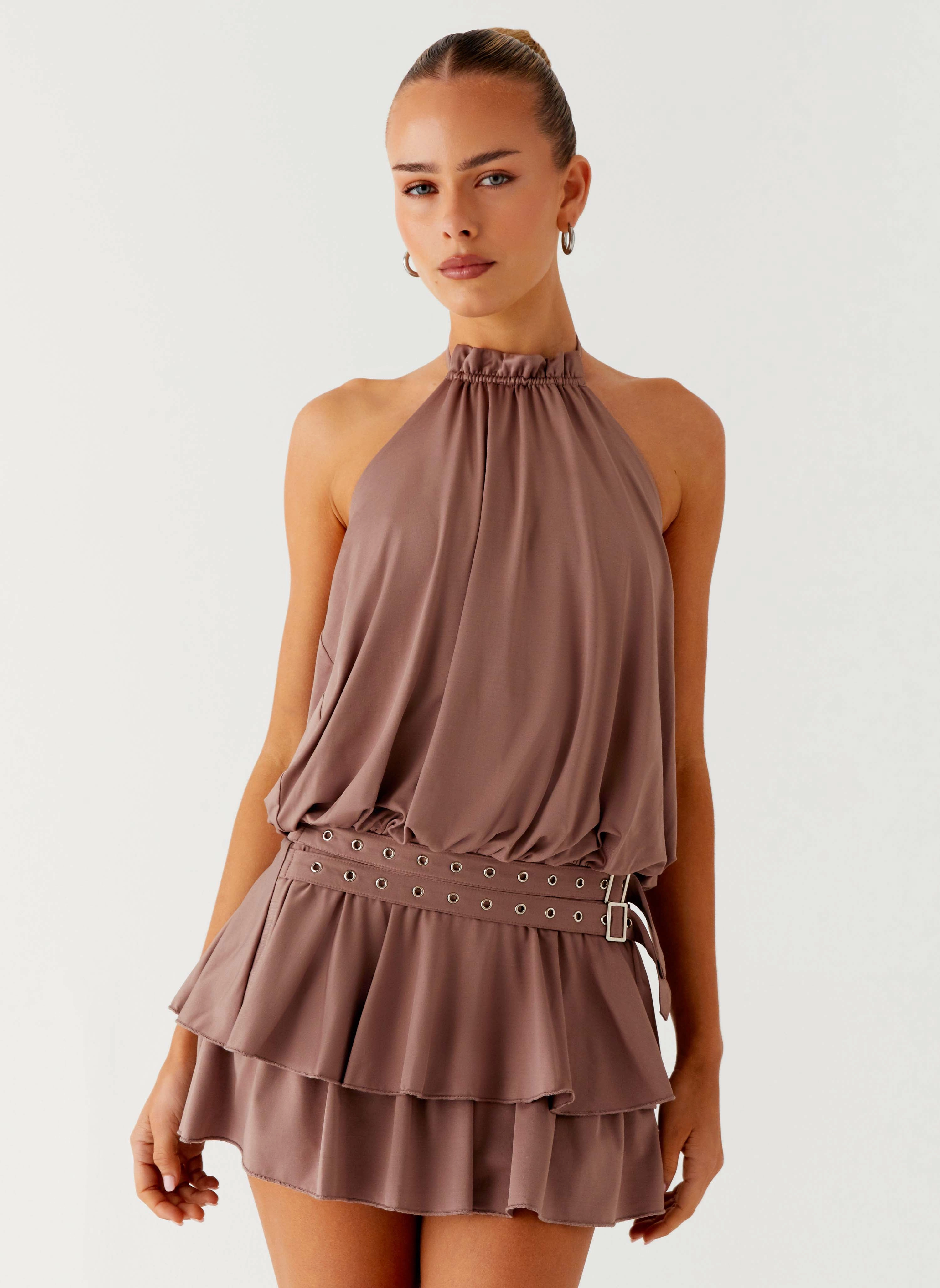 All-season garment Subtle Stitch Dopamine Belt Mini Dress - Taupe