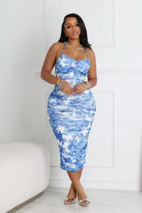 All-Purpose Wear Fine Details Ruched Floral Print Open Back Midi Dress