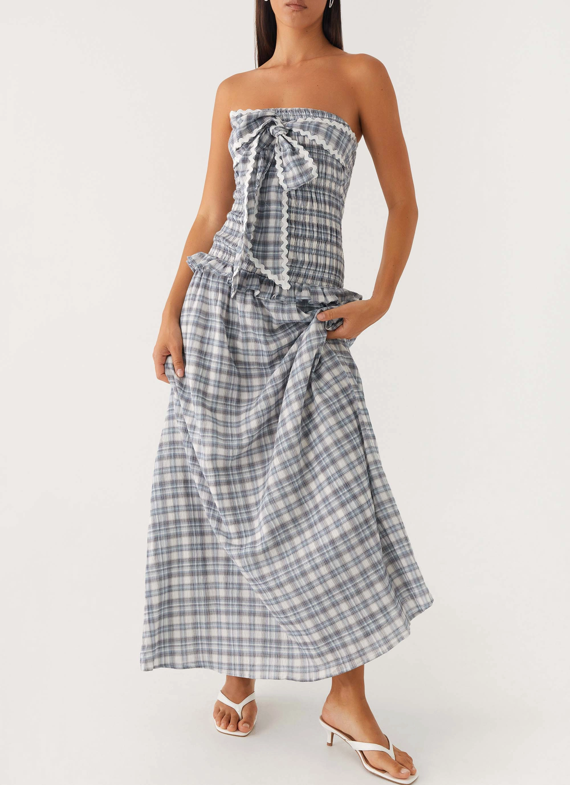 Floral Swing Chilly Comfort Wear Malia Shirred Maxi Dress - Blue Grey Check